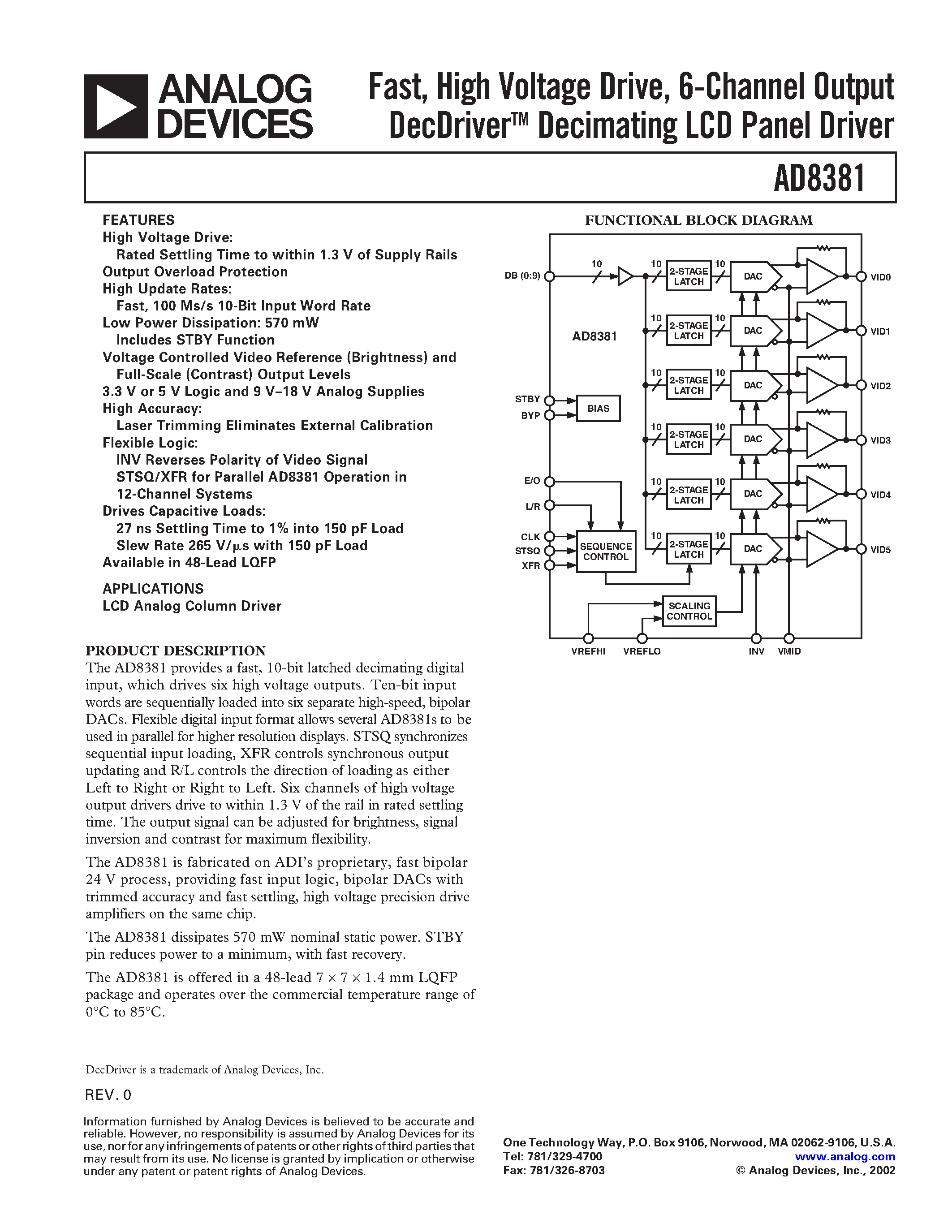 Datasheet AD8381AST-REEL - Fast/ High Voltage Drive/ 6-Channel Output DecDriverTM Decimating LCD Panel Driver page 1