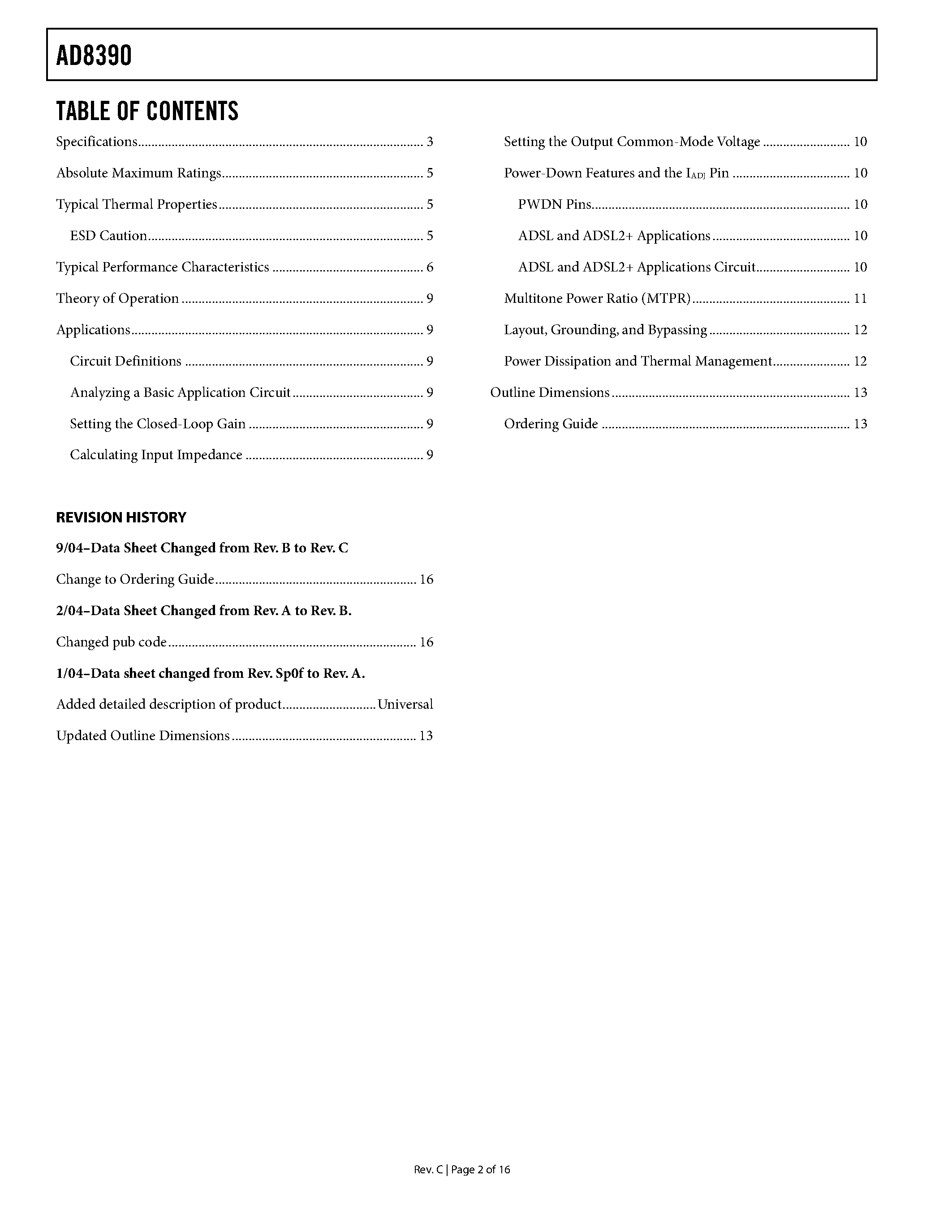 Datasheet AD8390ARC-EVAL - Low Power/ High Output Current Differential Amplifier page 2