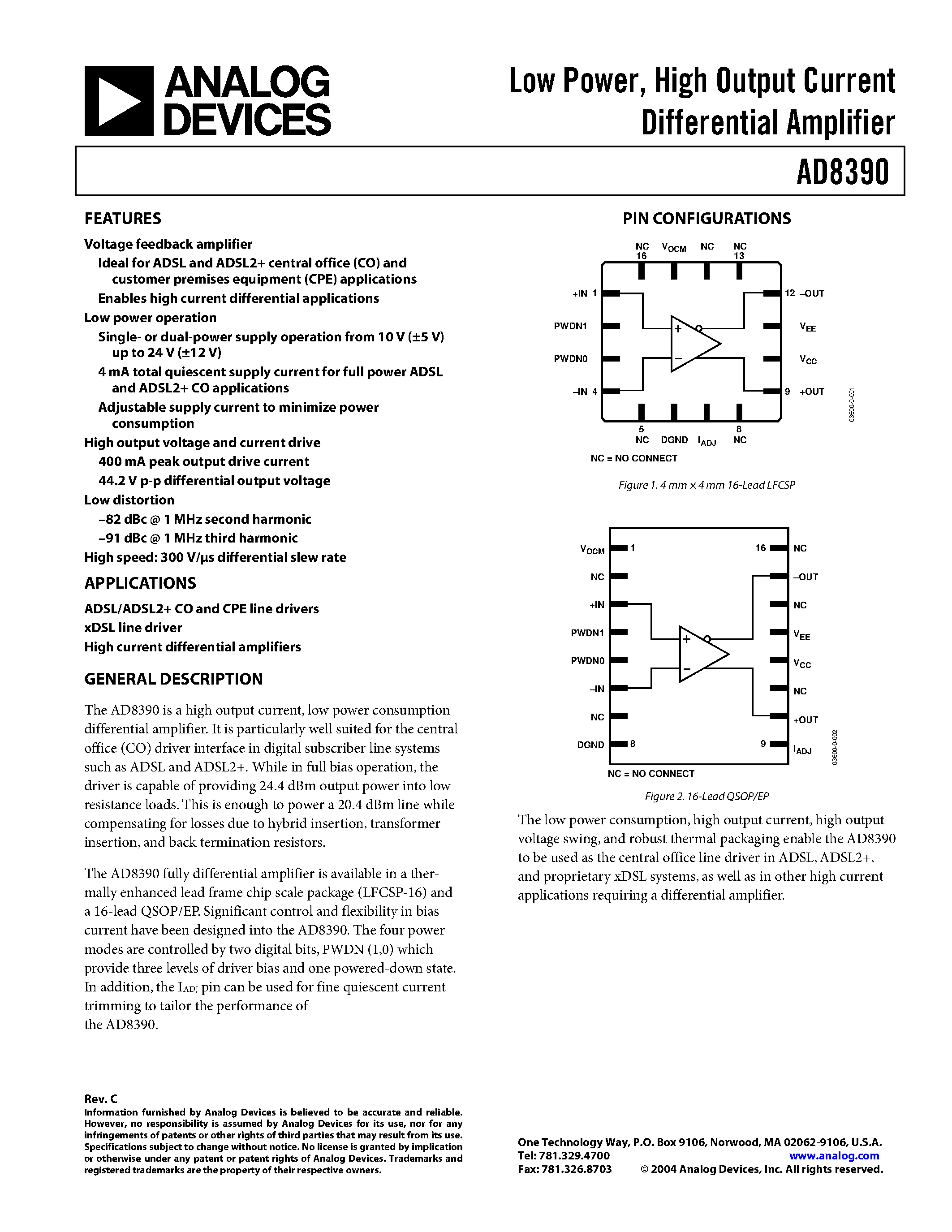 Datasheet AD8390ARC-REEL7 page 1 Datasheet AD8390ARC-REEL7 - Low Power/ High Output Current Differential Amplifier page 1