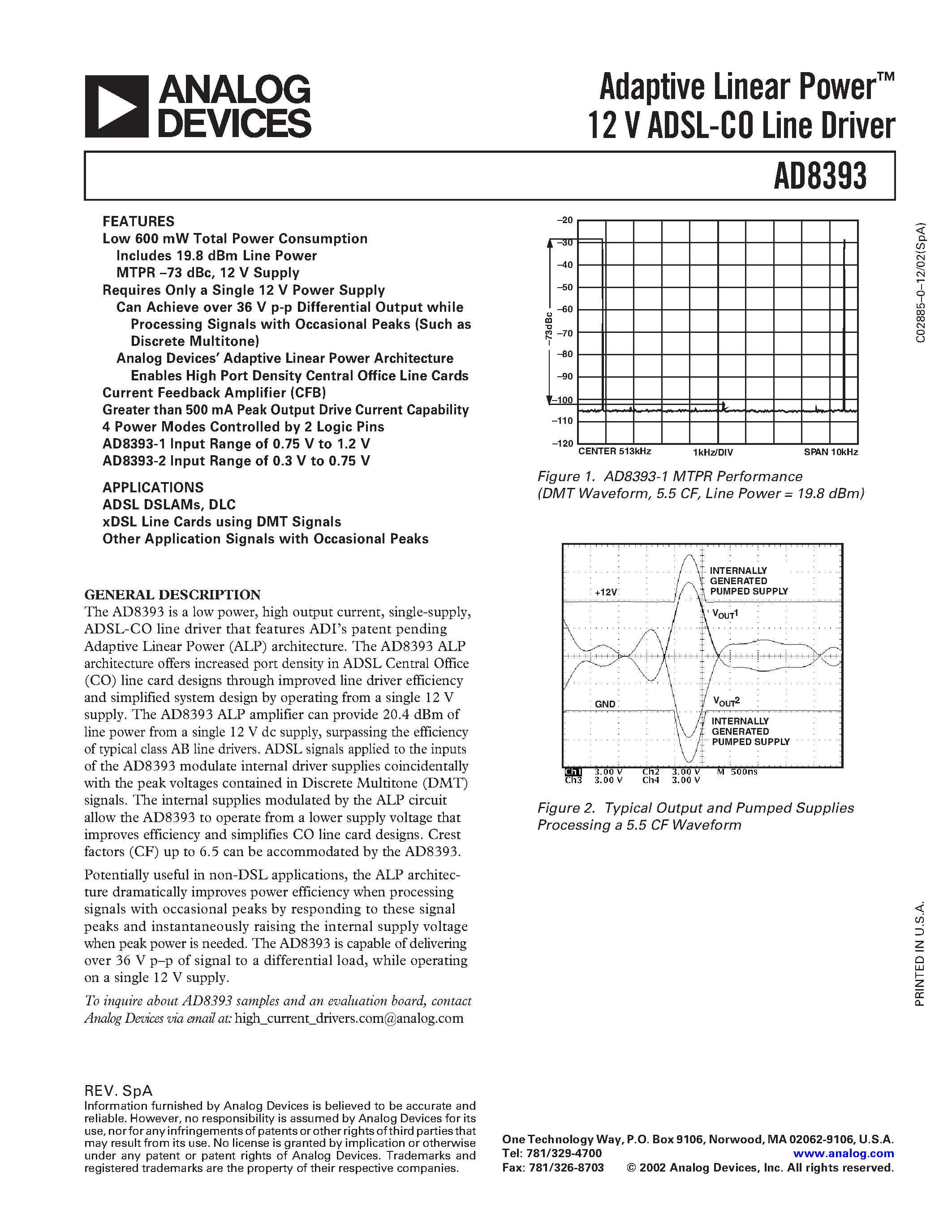 Datasheet AD8393 page 1 Datasheet AD8393 - Adaptive Linear Power 12 V ADSL-CO Line Driver page 1