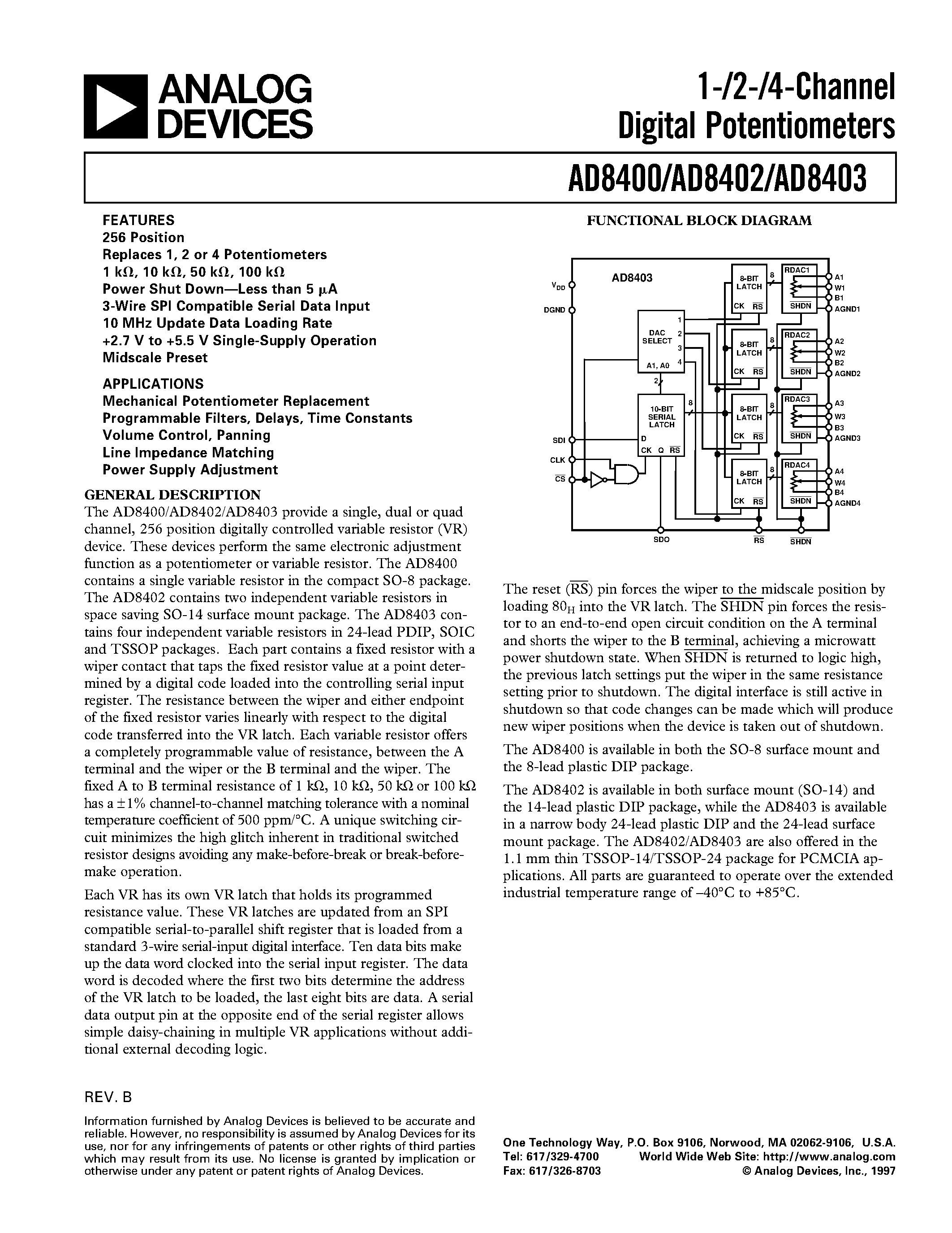 Datasheet AD8400 - 8-Bit Dual Nonvolatile Memory Digital Potentiometer page 1