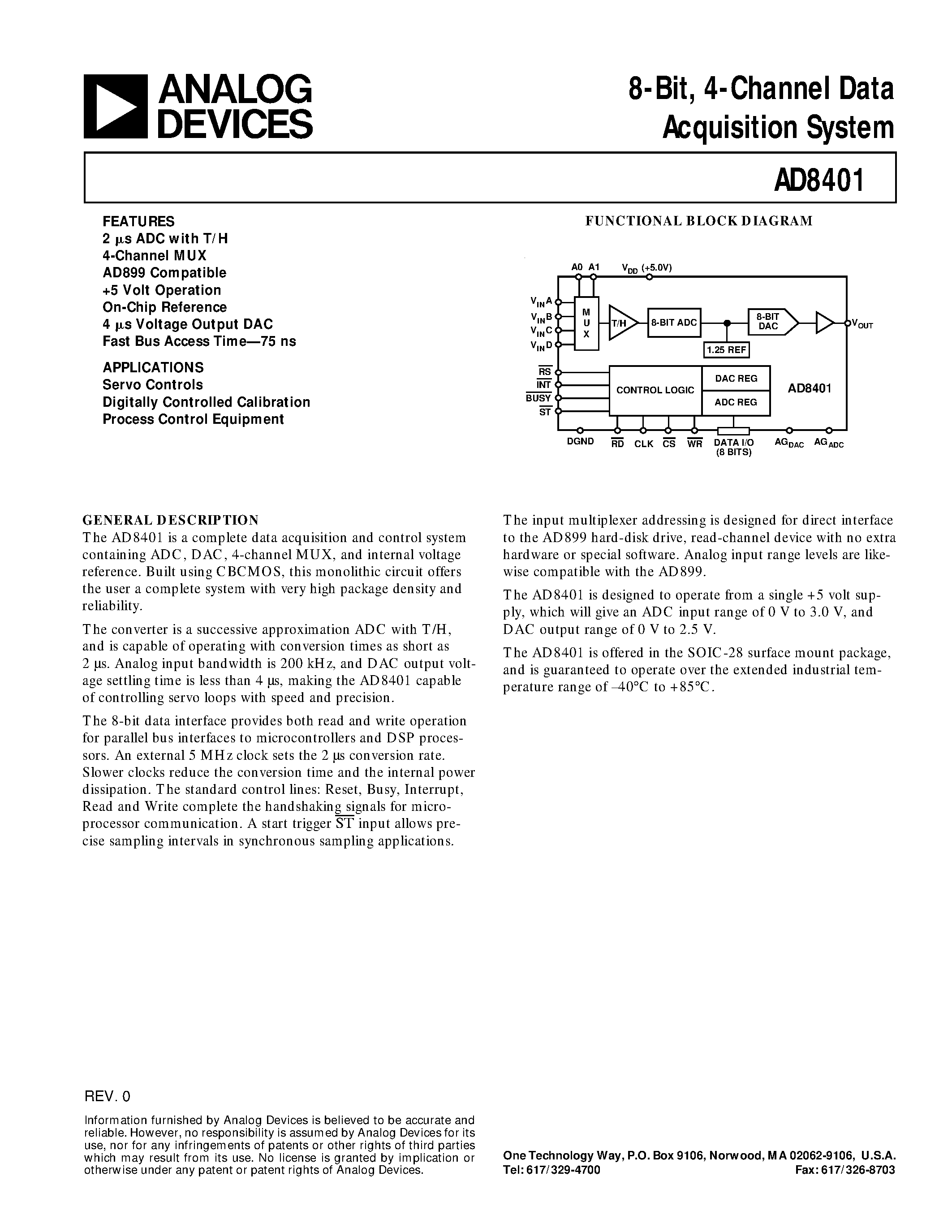 Datasheet AD8401AR page 1 Datasheet AD8401AR - 8-Bit/ 4-Channel Data Acquisition System page 1