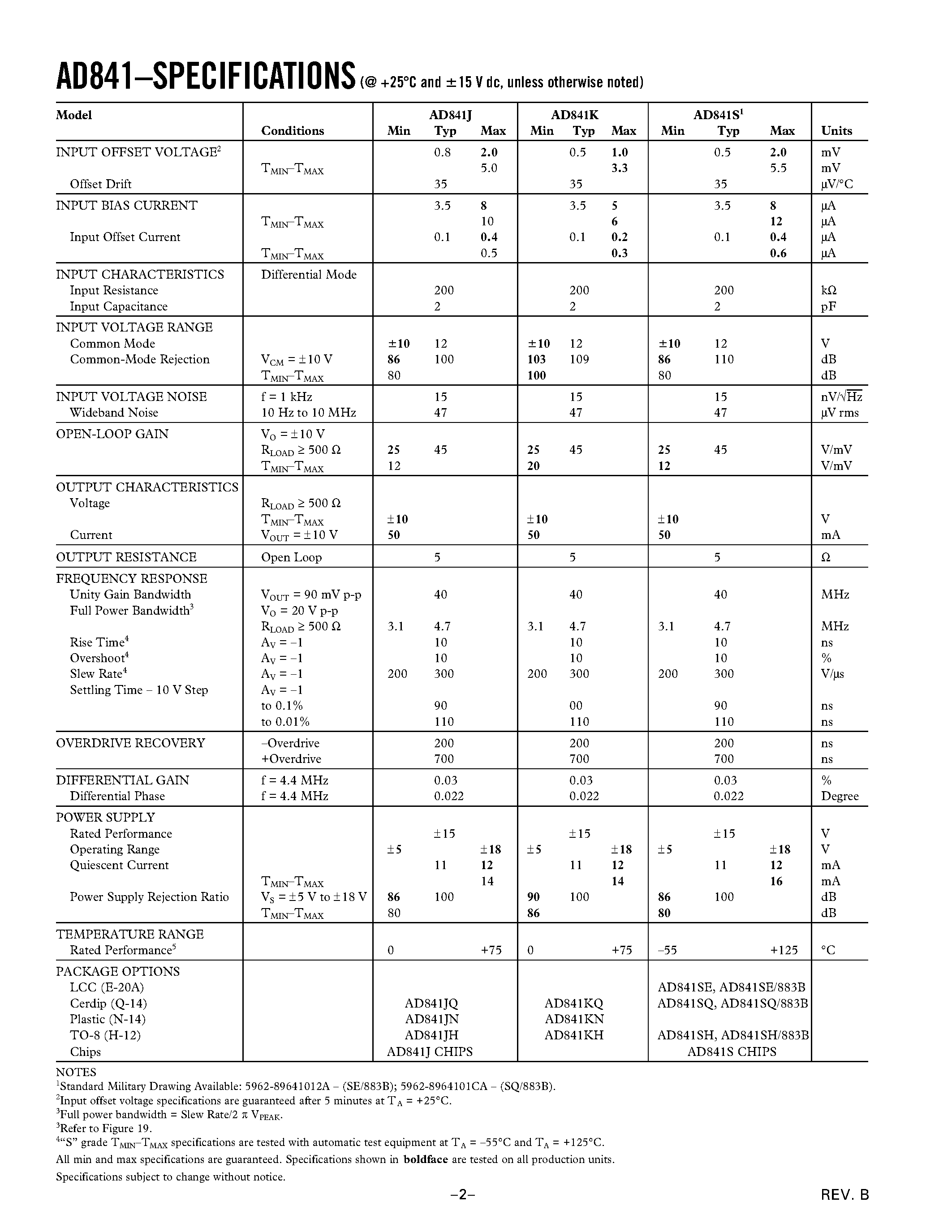 Datasheet AD841SE/883B page 2 Datasheet AD841SE/883B - Wideband/ Unity-Gain Stable/ Fast Settling Op Amp page 2