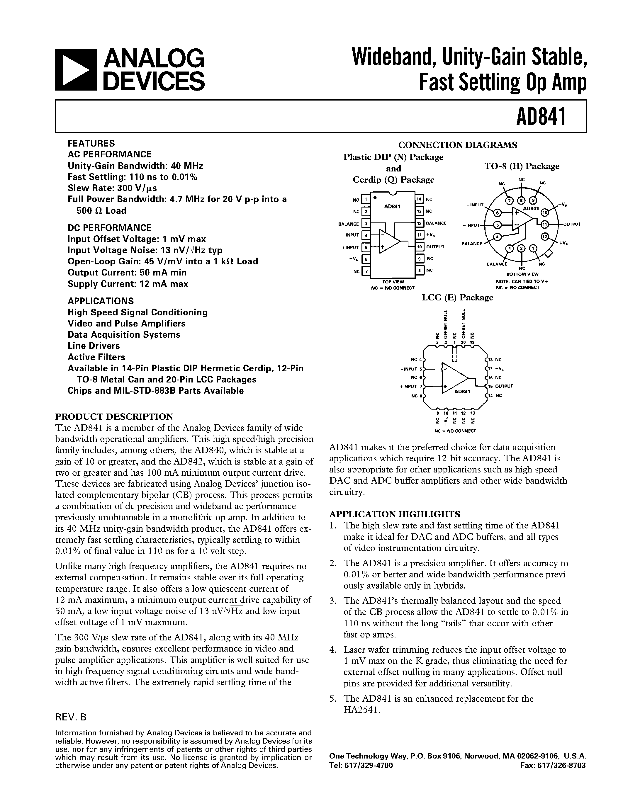 Datasheet AD841SQ/883B page 1 Datasheet AD841SQ/883B - Wideband/ Unity-Gain Stable/ Fast Settling Op Amp page 1