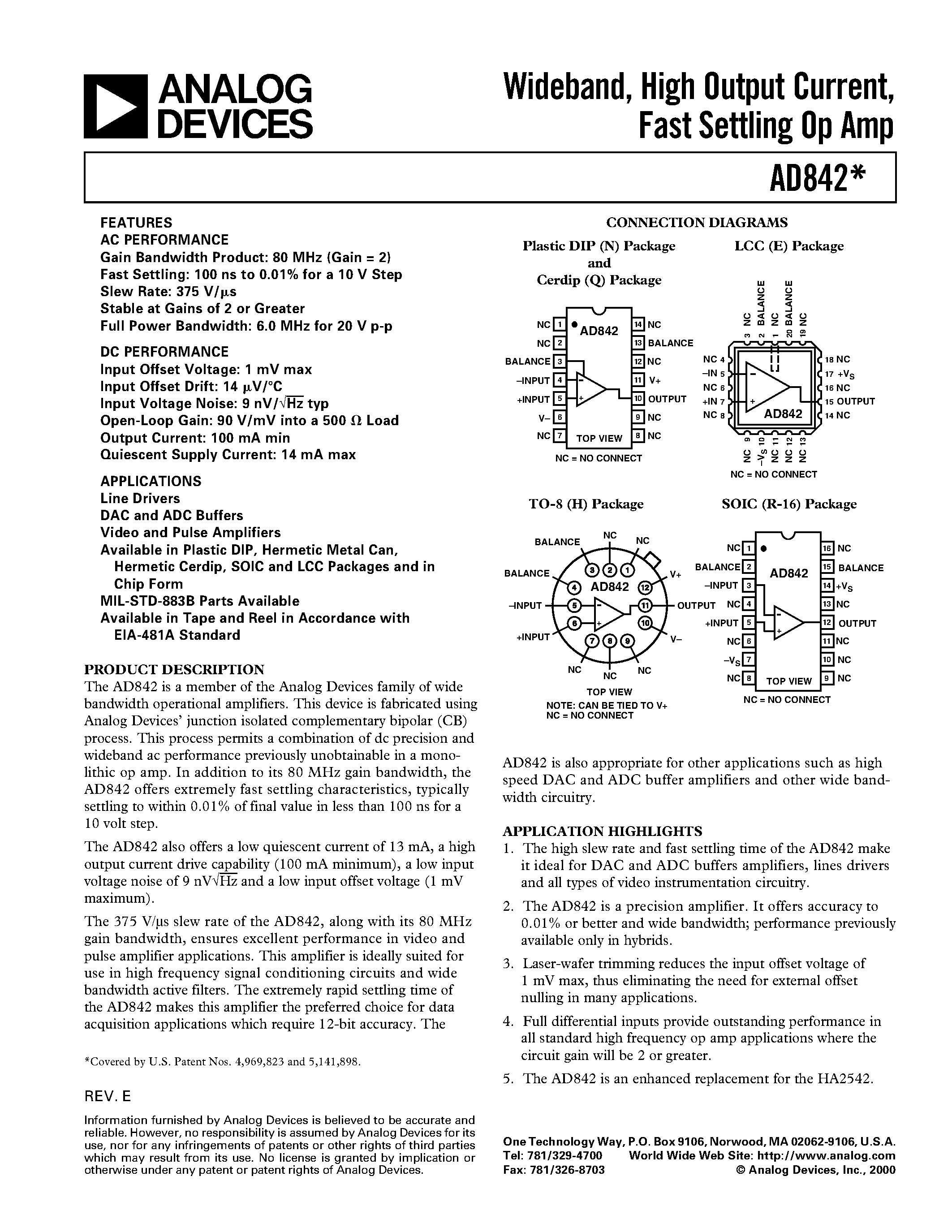 Datasheet AD842SCHIPS - Wideband/ High Output Current/ Fast Settling Op Amp page 1