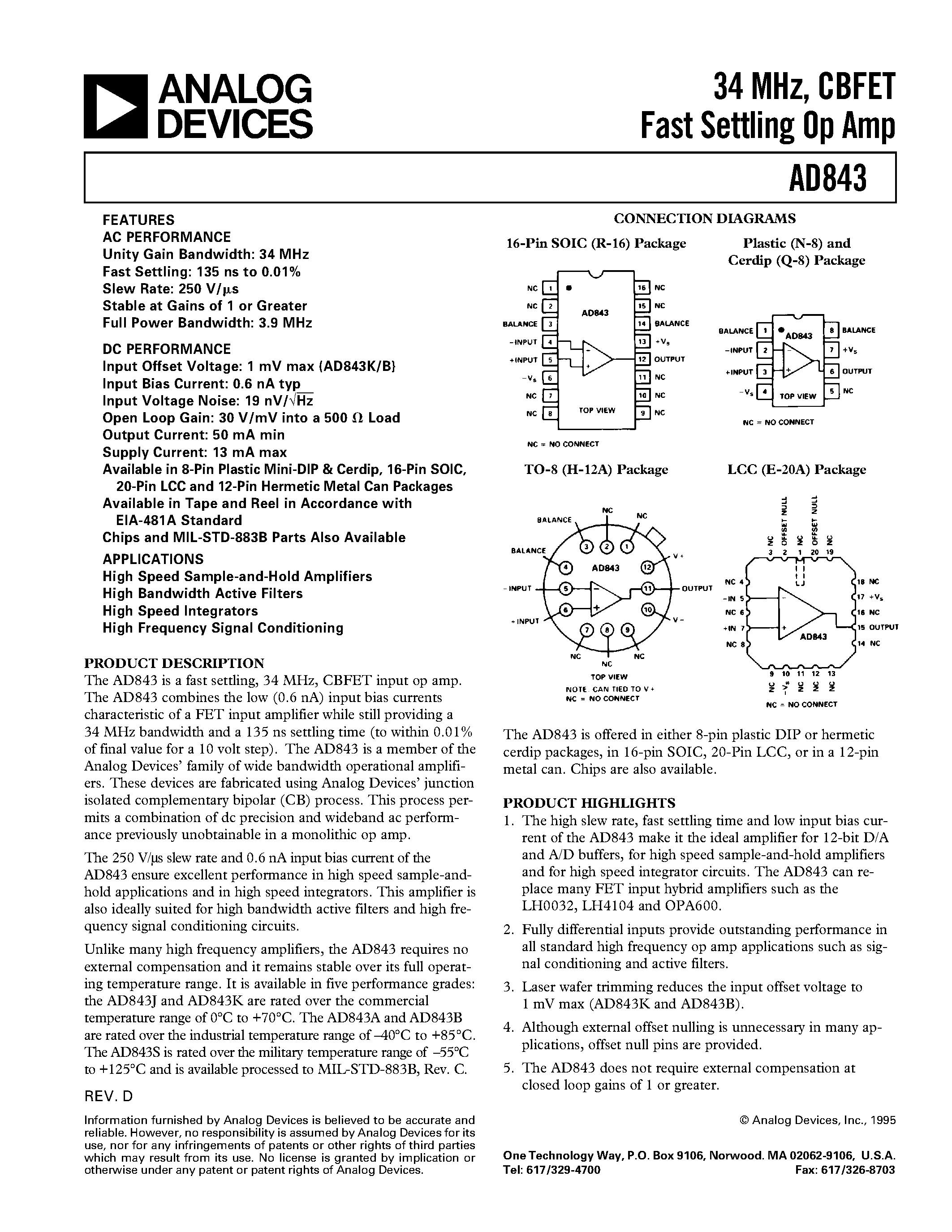 Datasheet AD843BQ - 34 MHz/ CBFET Fast Settling Op Amp page 1