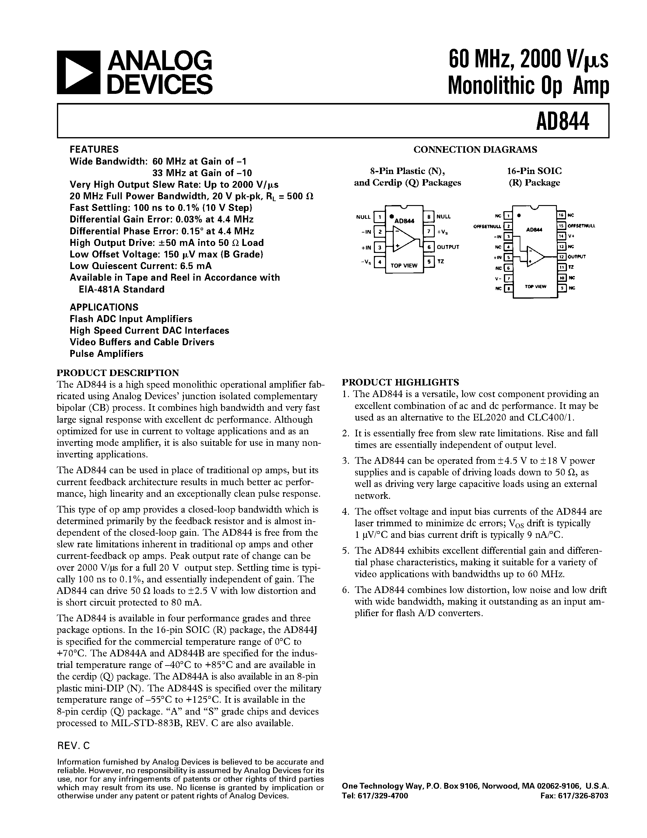 Datasheet AD844SChips page 1 Datasheet AD844SChips - 60 MHz/ 2000 V/us Monolithic Op Amp page 1
