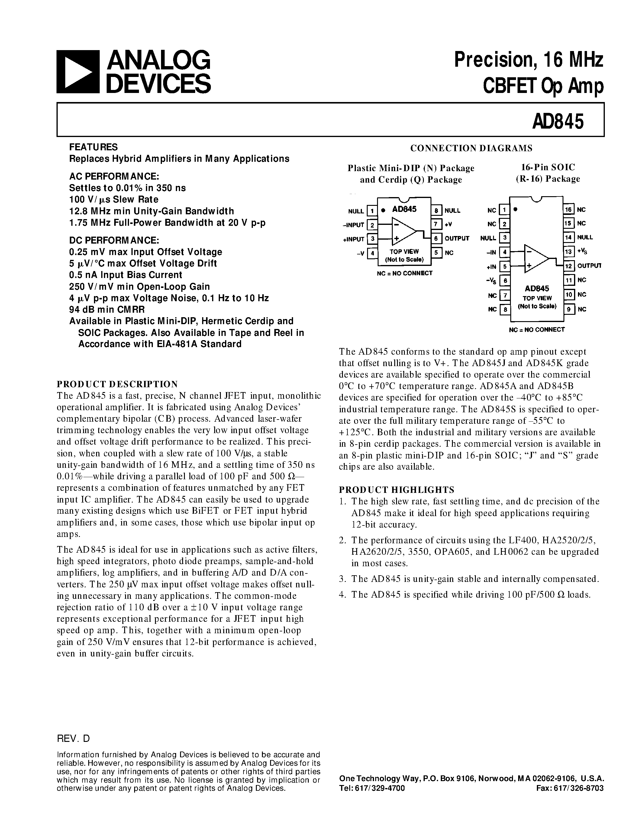 Datasheet AD845JN - Precision/ 16 MHz CBFET Op Amp page 1