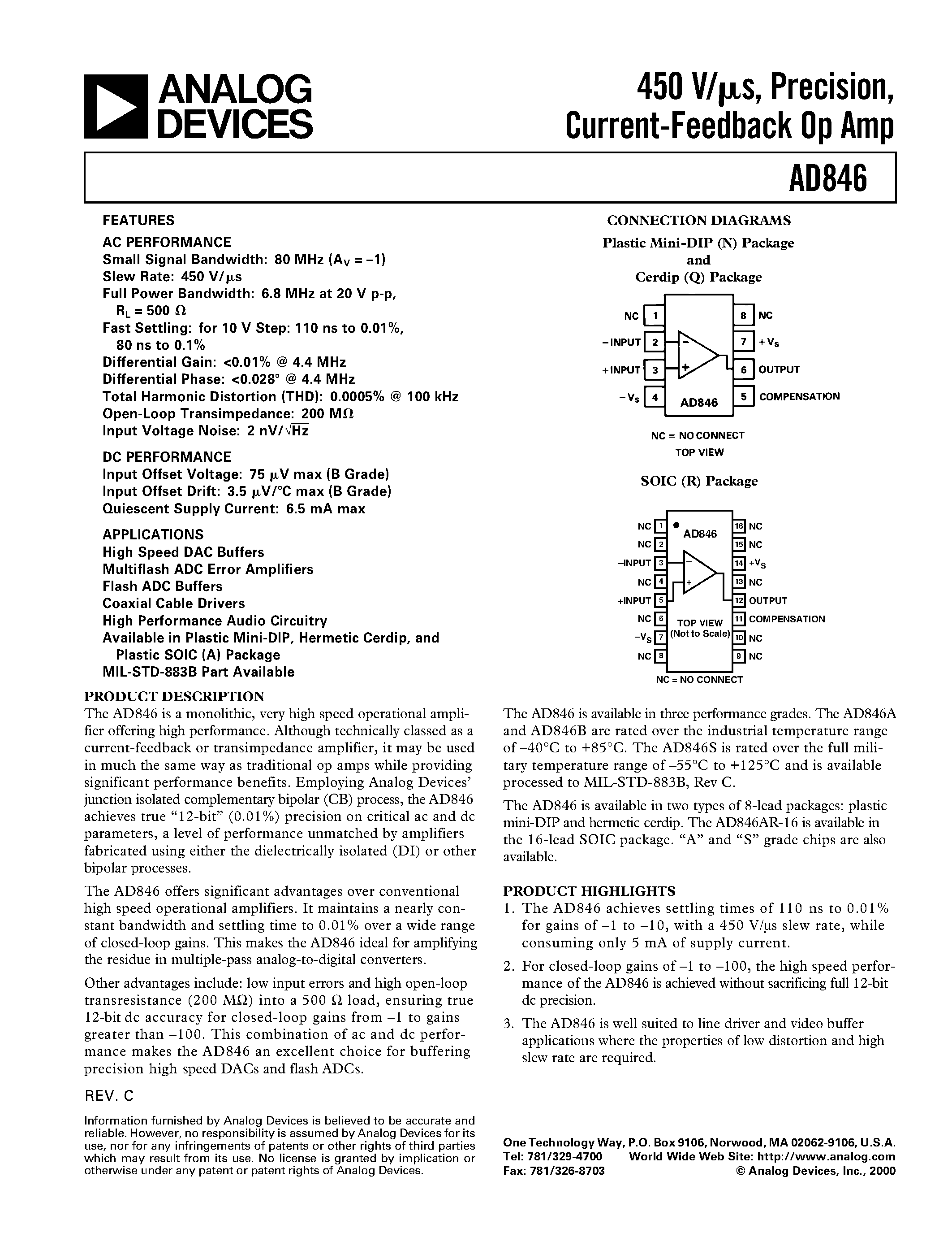 Datasheet AD846 page 1 Datasheet AD846 - 450 V/us/ Precision/ Current-Feedback Op Amp page 1