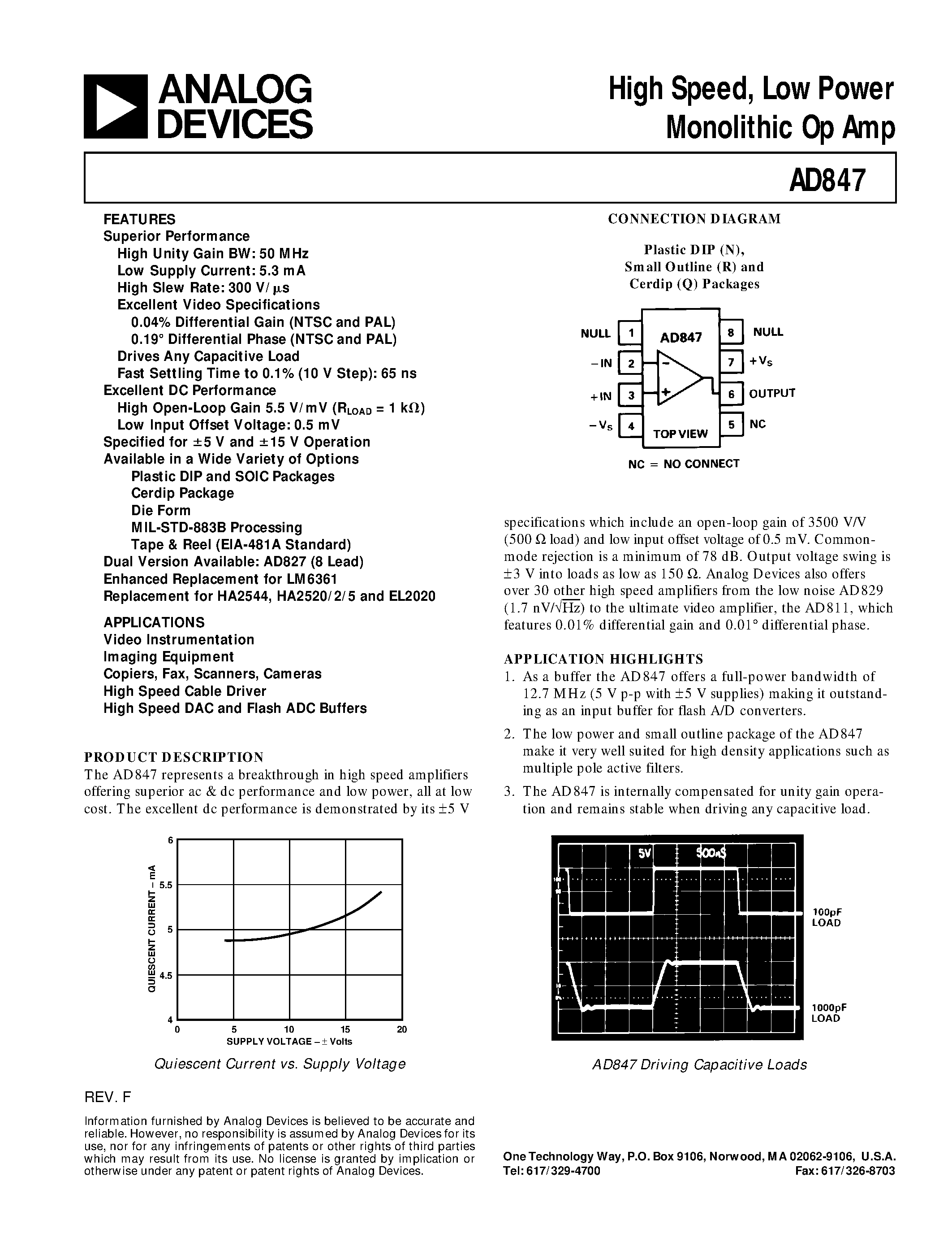 Datasheet AD847JR - High Speed/ Low Power Monolithic Op Amp page 1