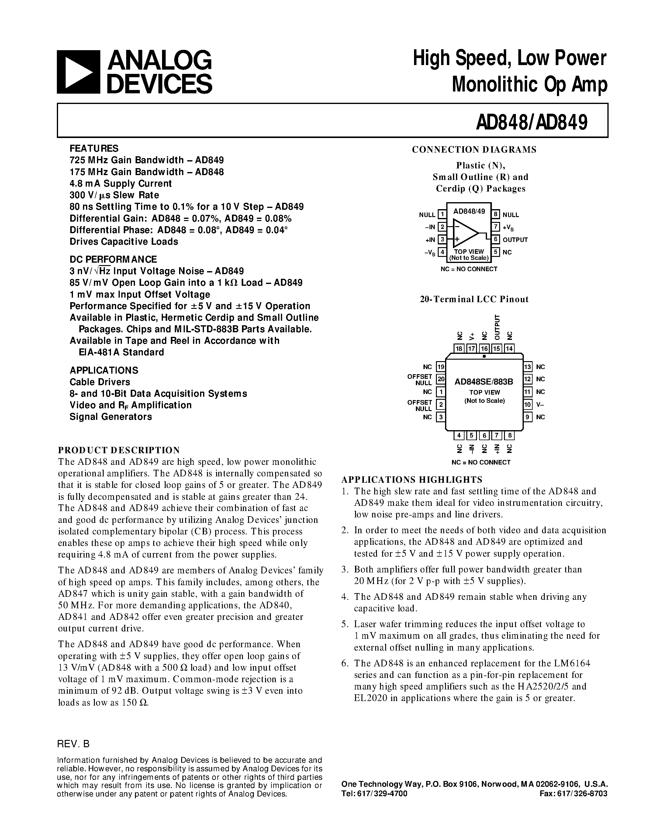 Datasheet AD848SE/883B - High Speed/ Low Power Monolithic Op Amp page 1