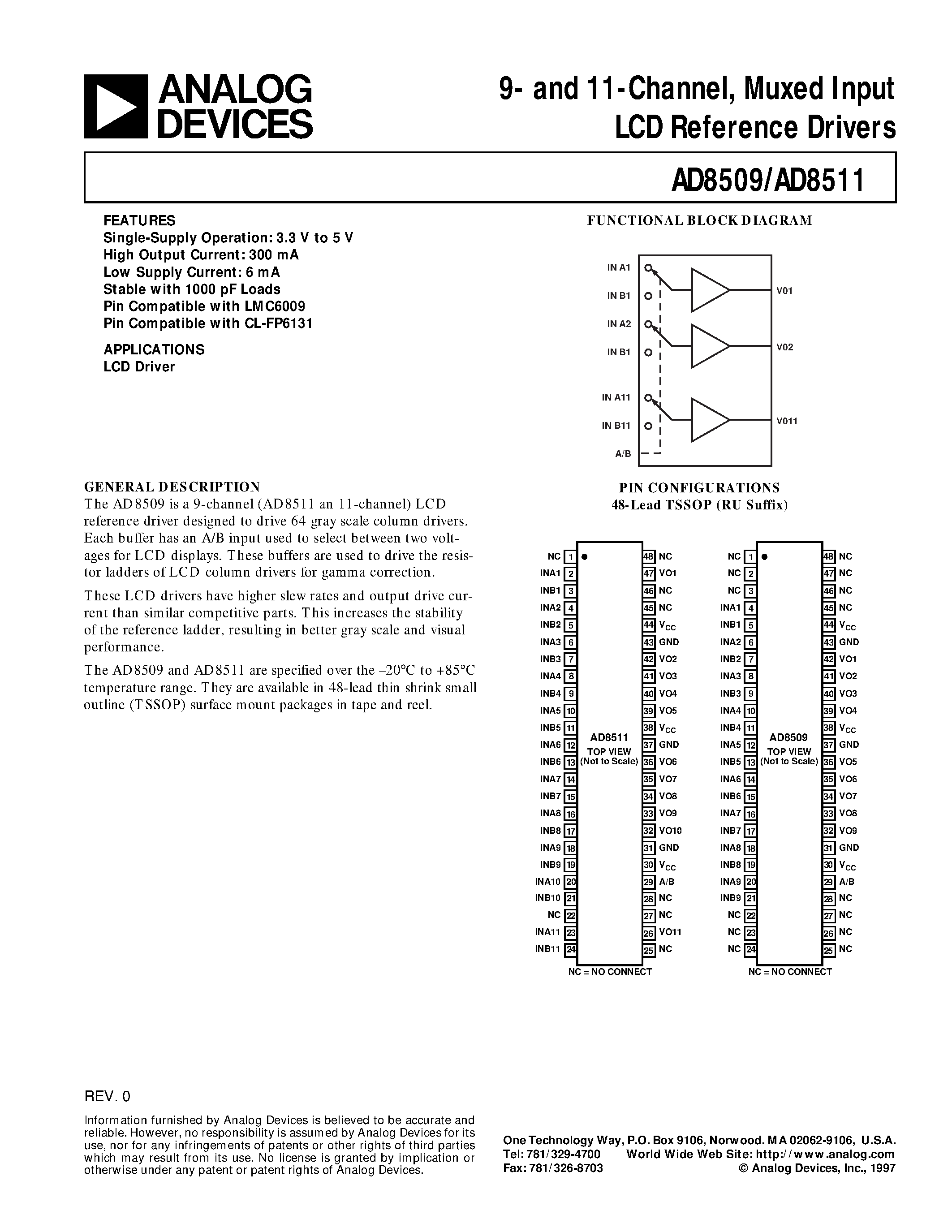 Даташит AD8509 - 9- and 11-Channel/ Muxed Input LCD Reference Drivers страница 1