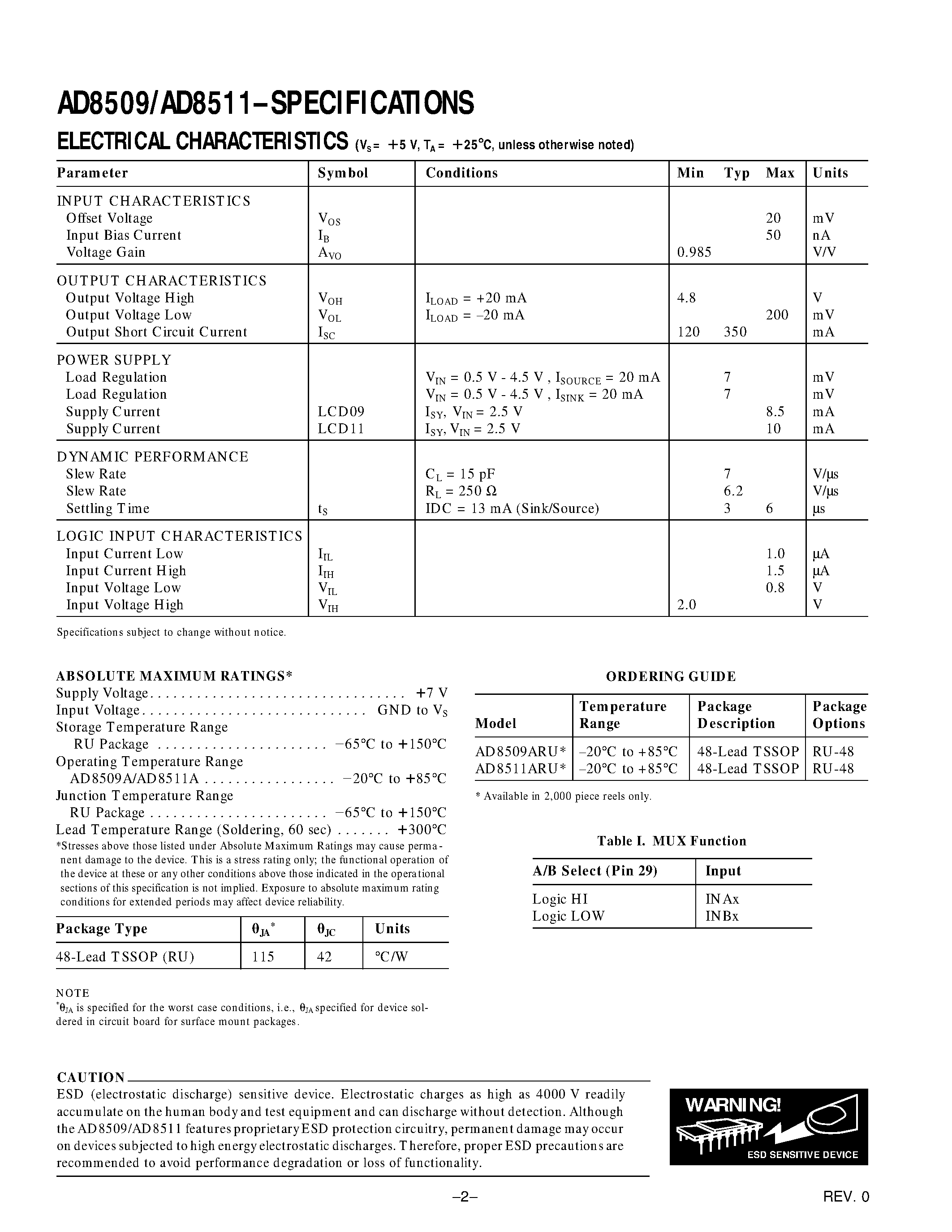 Даташит AD8511 - 9- and 11-Channel/ Muxed Input LCD Reference Drivers страница 2