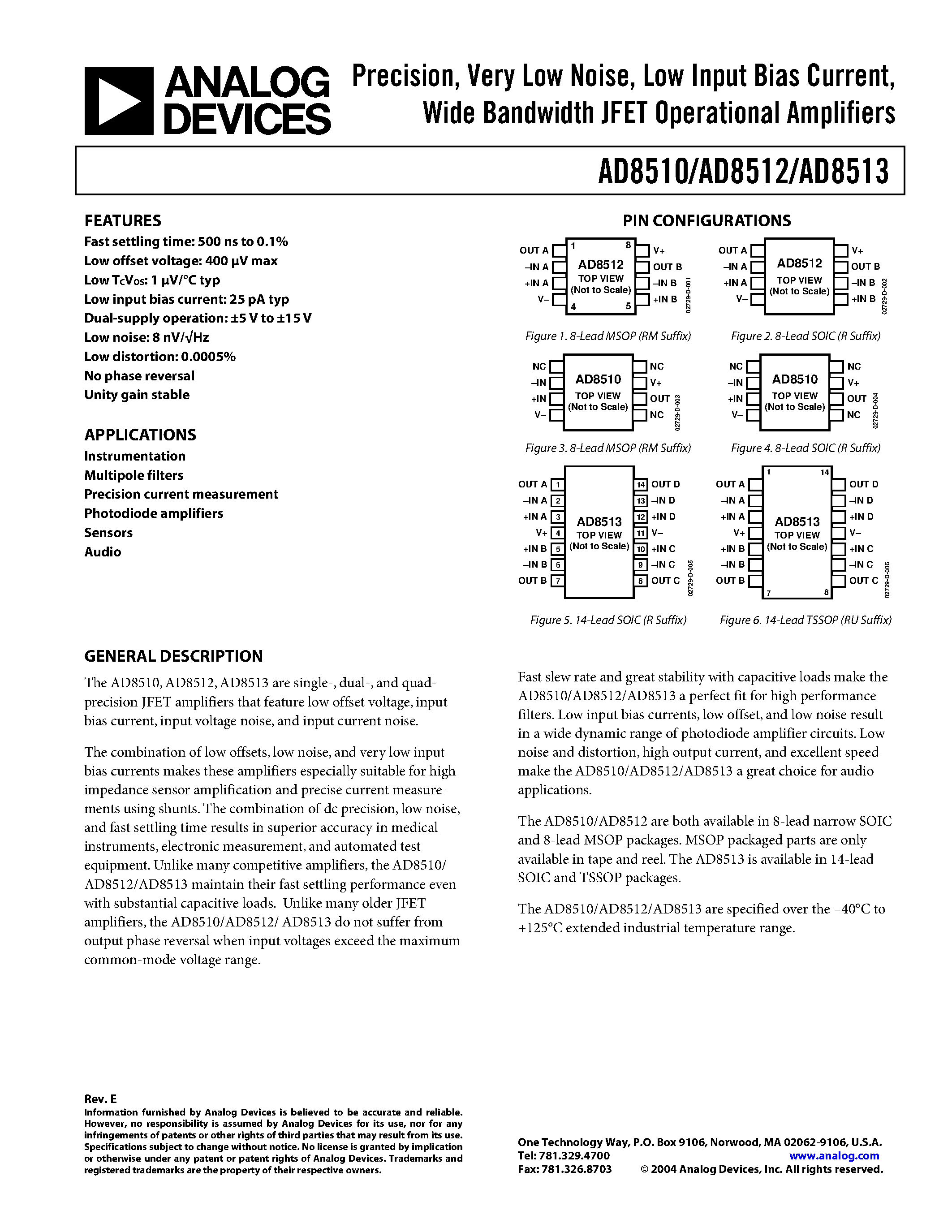 Datasheet AD8513AR-REEL7 - Precision/ Very Low Noise/ Low Input Bias Current/ Wide Bandwidth JFET Operational Amplifiers page 1
