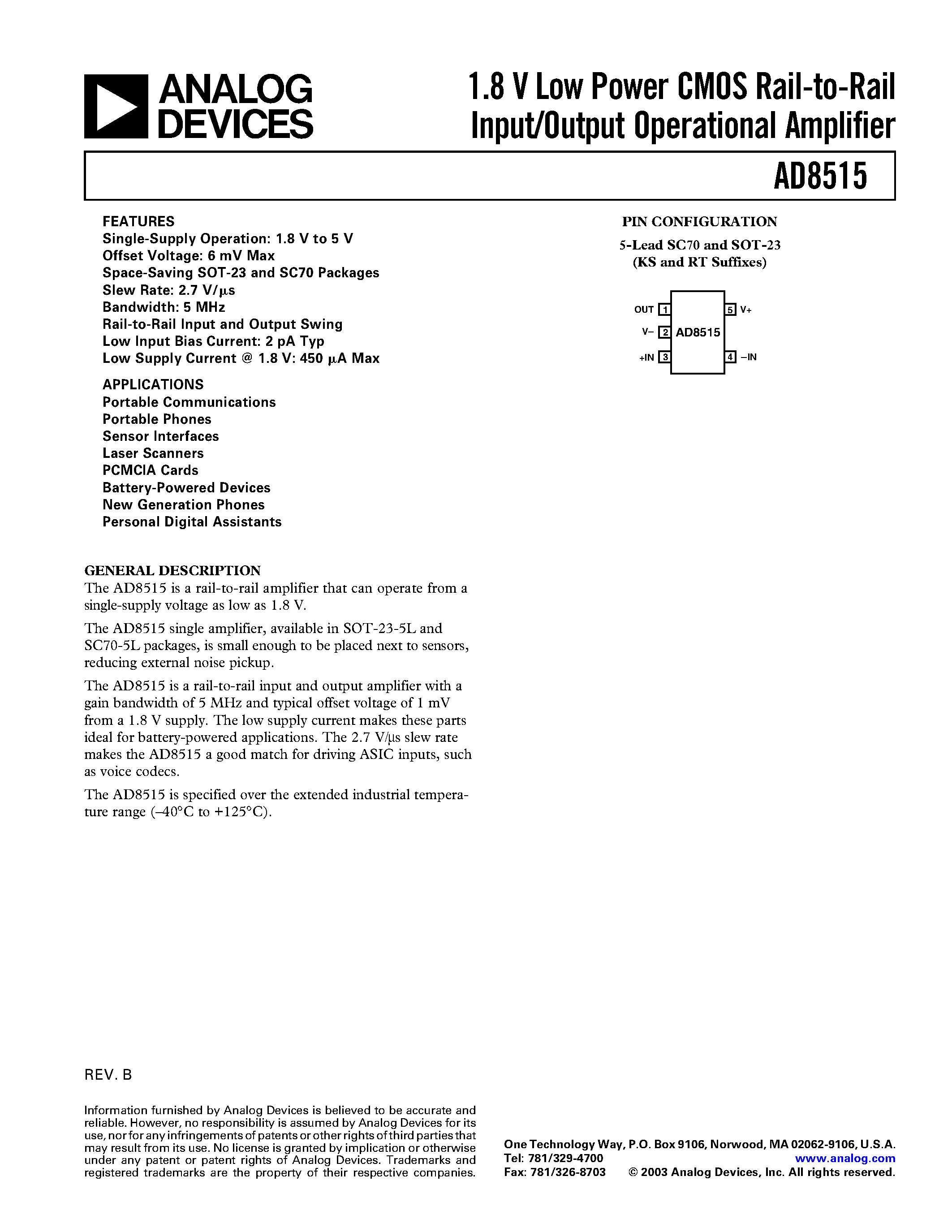 Datasheet AD8515ART - 1.8 V Low Power CMOS Rail-to-Rail Input/Output Operational Amplifier page 1