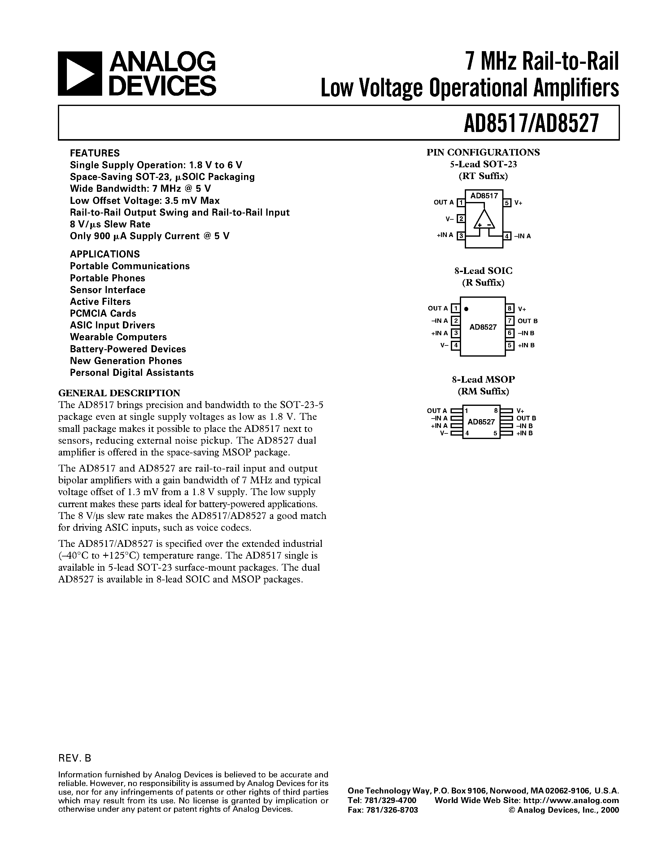 Datasheet AD8517ART-REEL - 7 MHz Rail-to-Rail Low Voltage Operational Amplifiers page 1