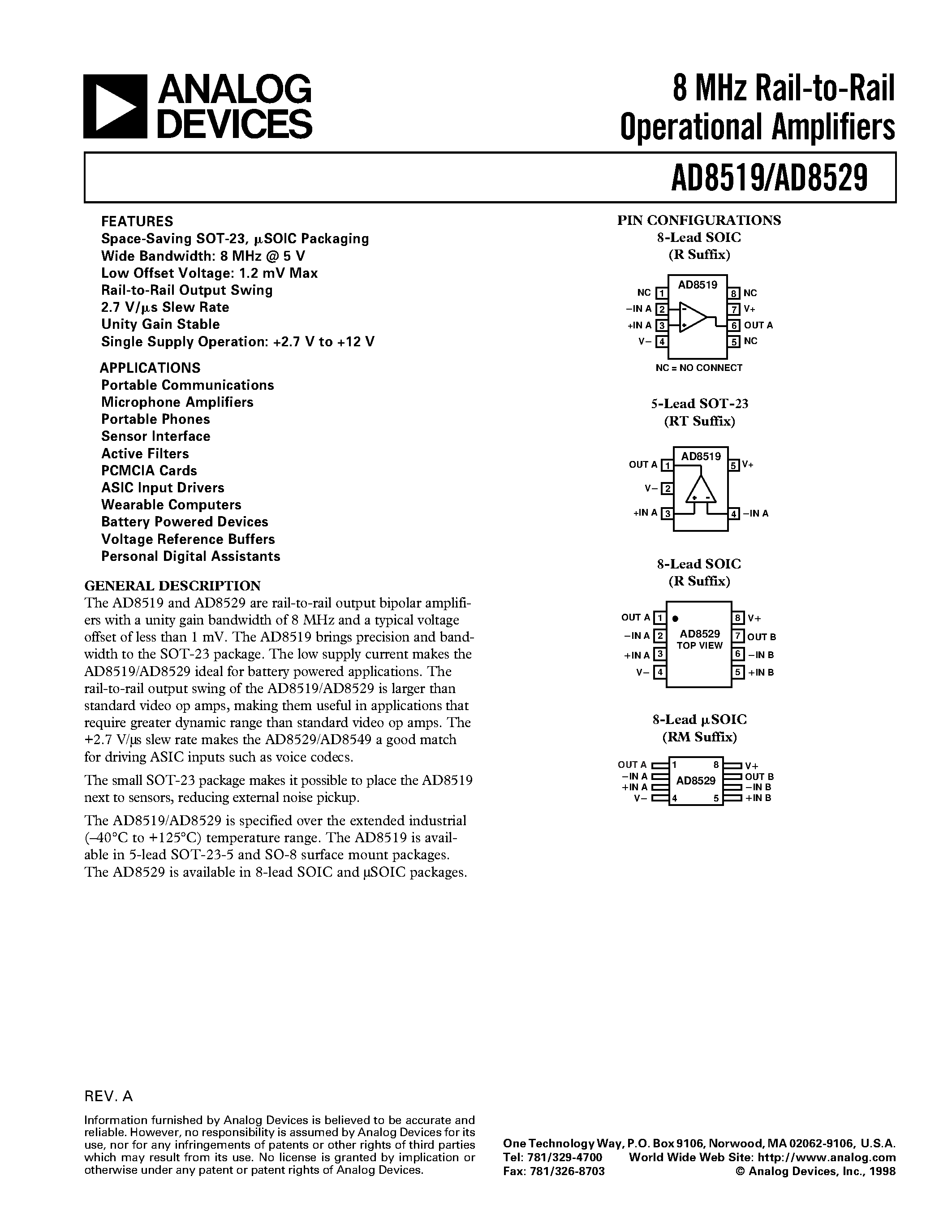 Datasheet AD8519ART page 1 Datasheet AD8519ART - 8 MHz Rail-to-Rail Operational Amplifiers page 1