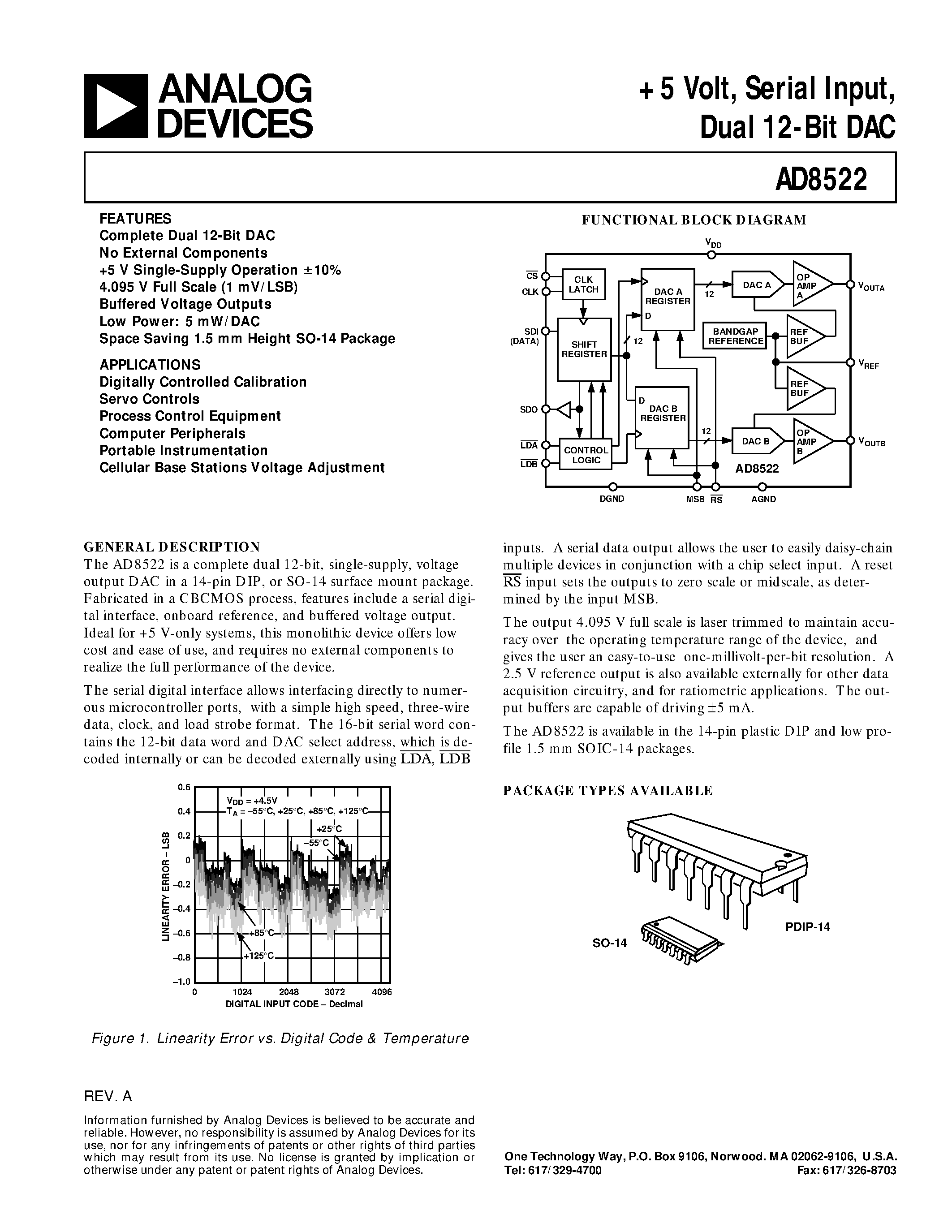 Datasheet AD8522 - +5 Volt/ Serial Input/ Dual 12-Bit DAC page 1