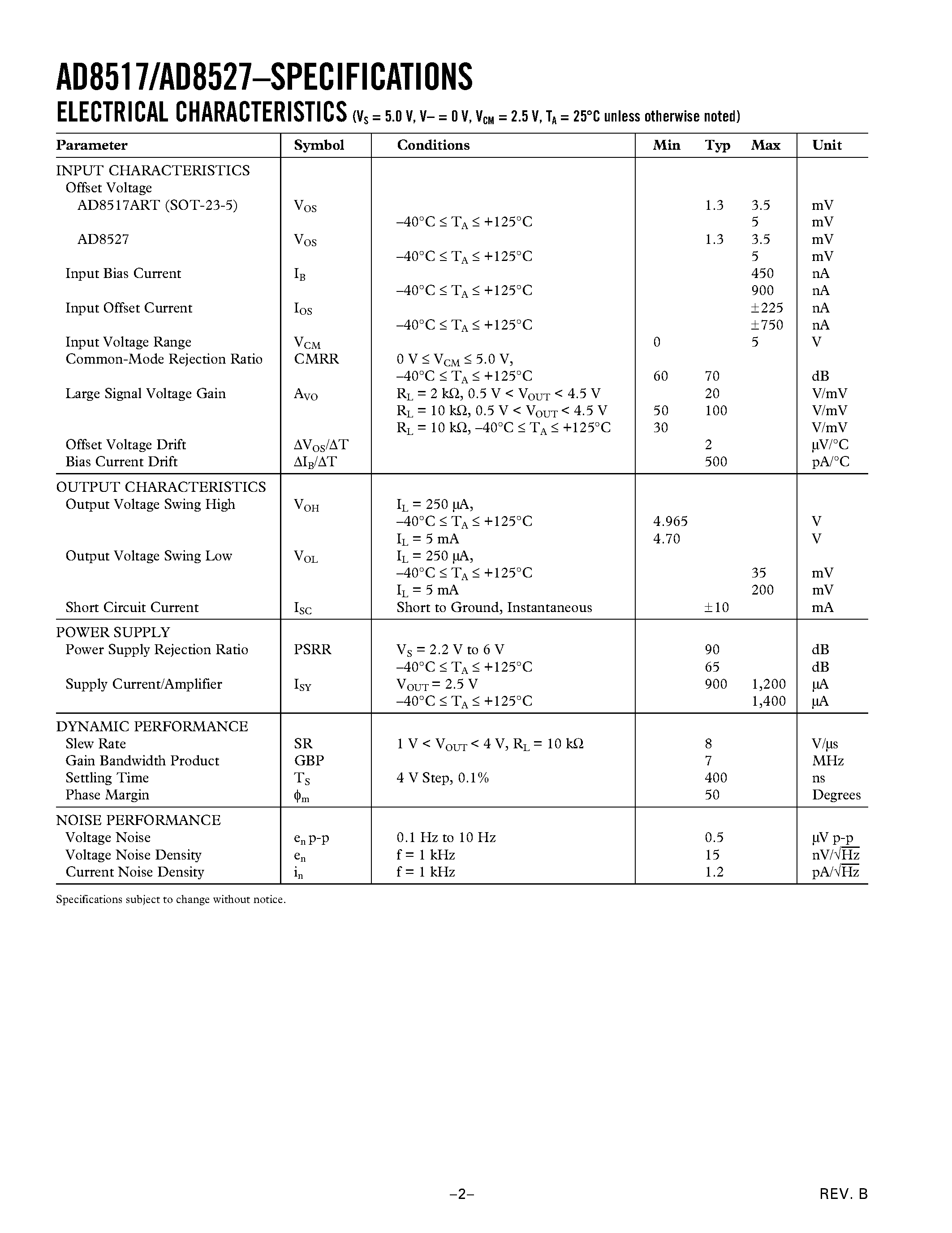 Datasheet AD8527ARM-REEL - 7 MHz Rail-to-Rail Low Voltage Operational Amplifiers page 2