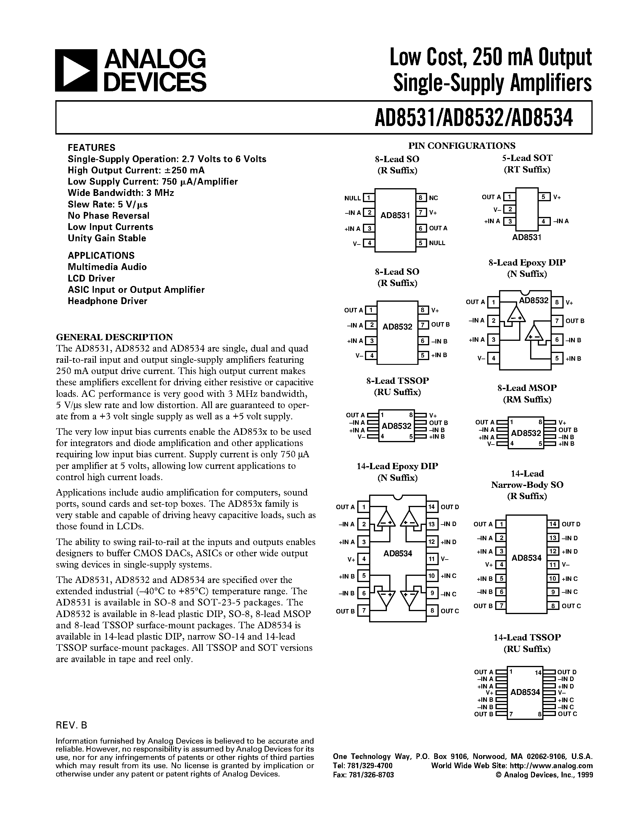 Datasheet AD8531 page 1 Datasheet AD8531 - Low Cost/ 250 mA Output Single-Supply Amplifiers page 1