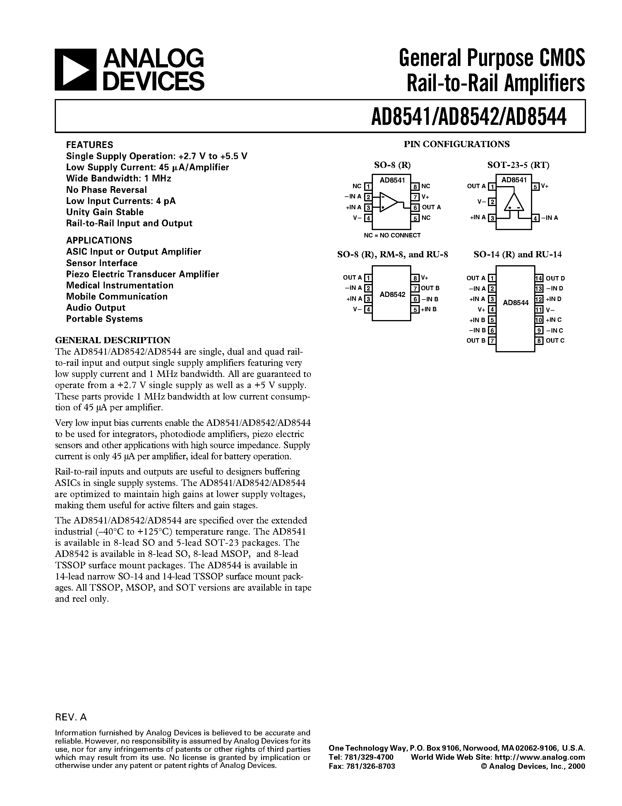 Datasheet AD8542AR page 1 Datasheet AD8542AR - General Purpose CMOS Rail-to-Rail Amplifiers page 1