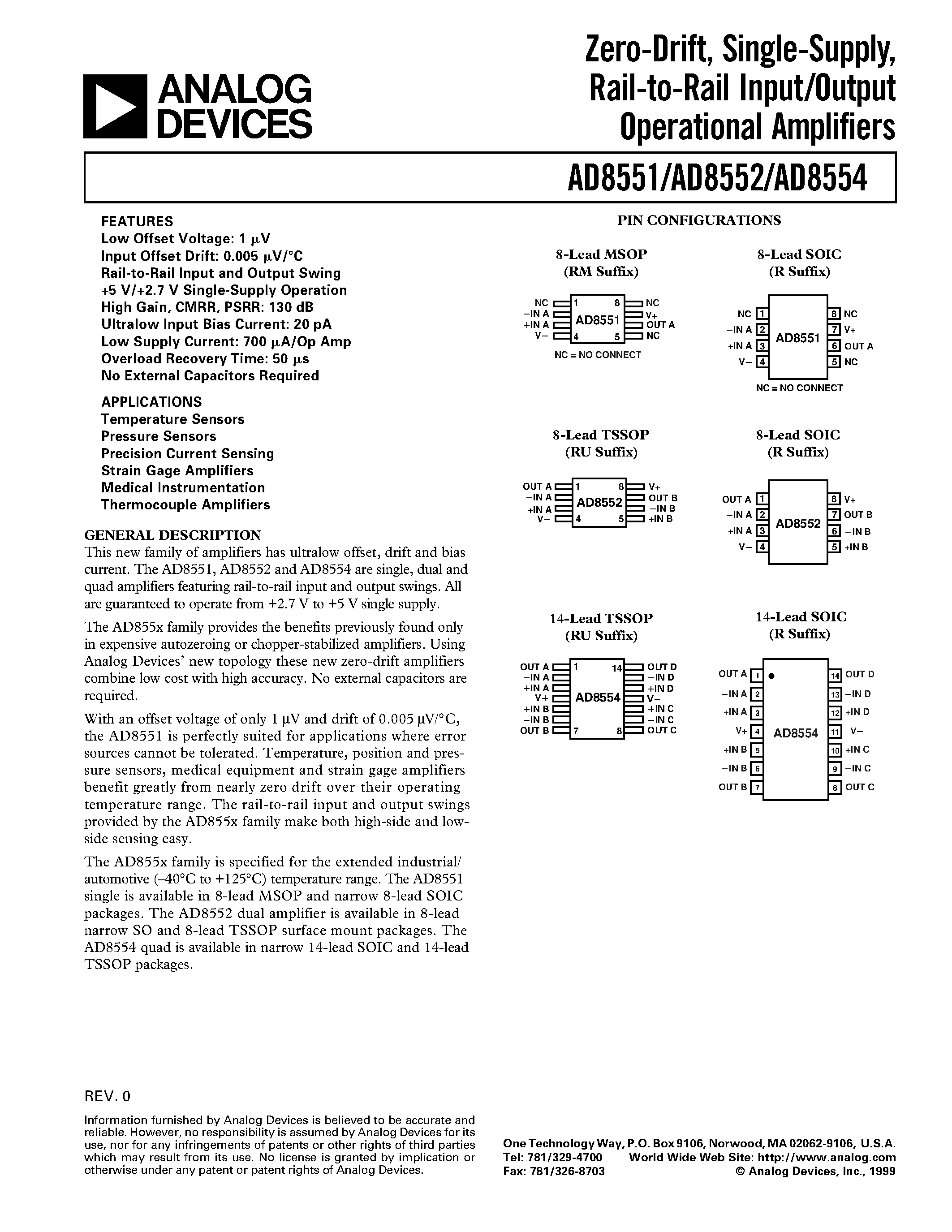 Datasheet AD8554 page 1 Datasheet AD8554 - Zero-Drift/ Single-Supply/ Rail-to-Rail Input/Output Operational Amplifiers page 1