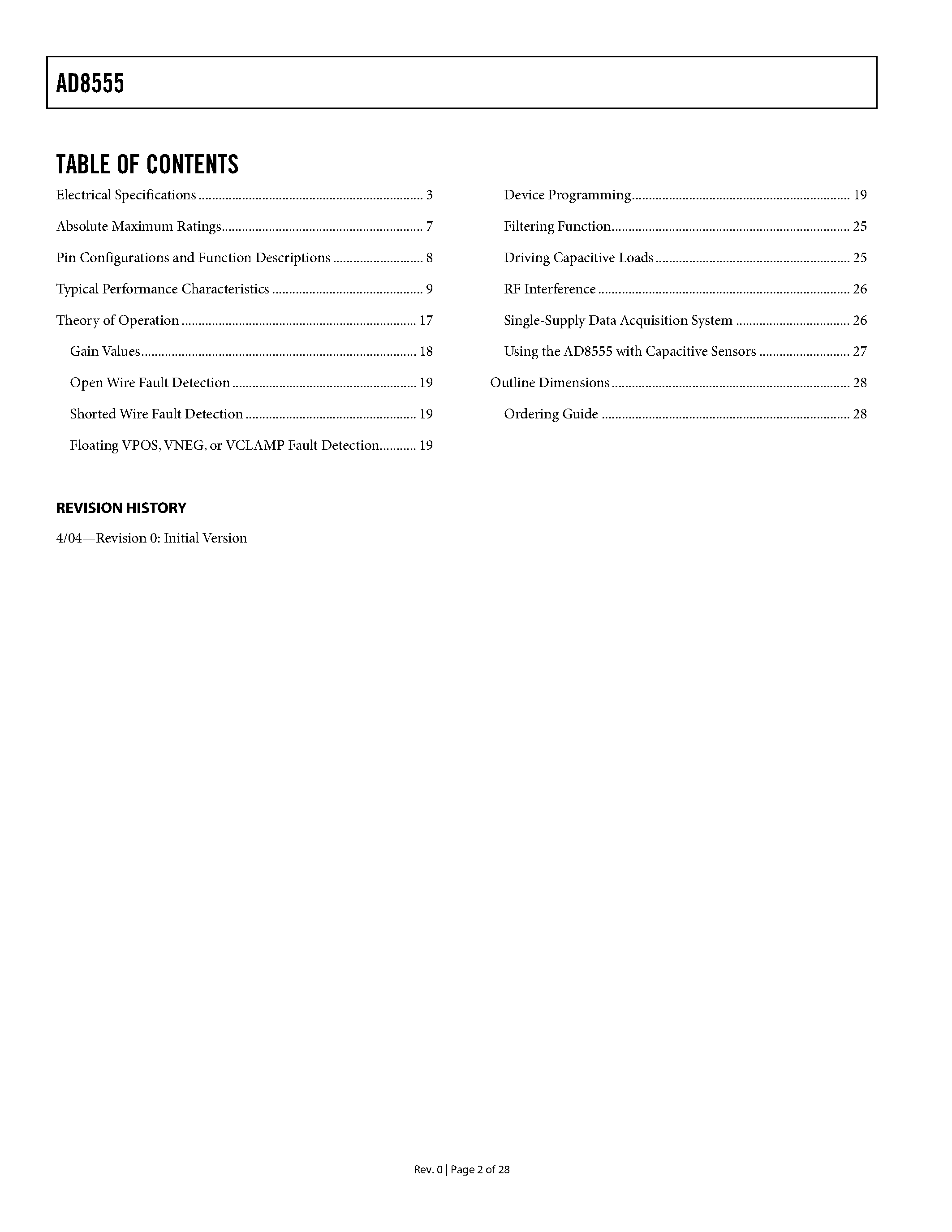 Datasheet AD8555ACP-R2 - Zero-Drift/ Digitally Programmable Sensor Signal Amplifier page 2
