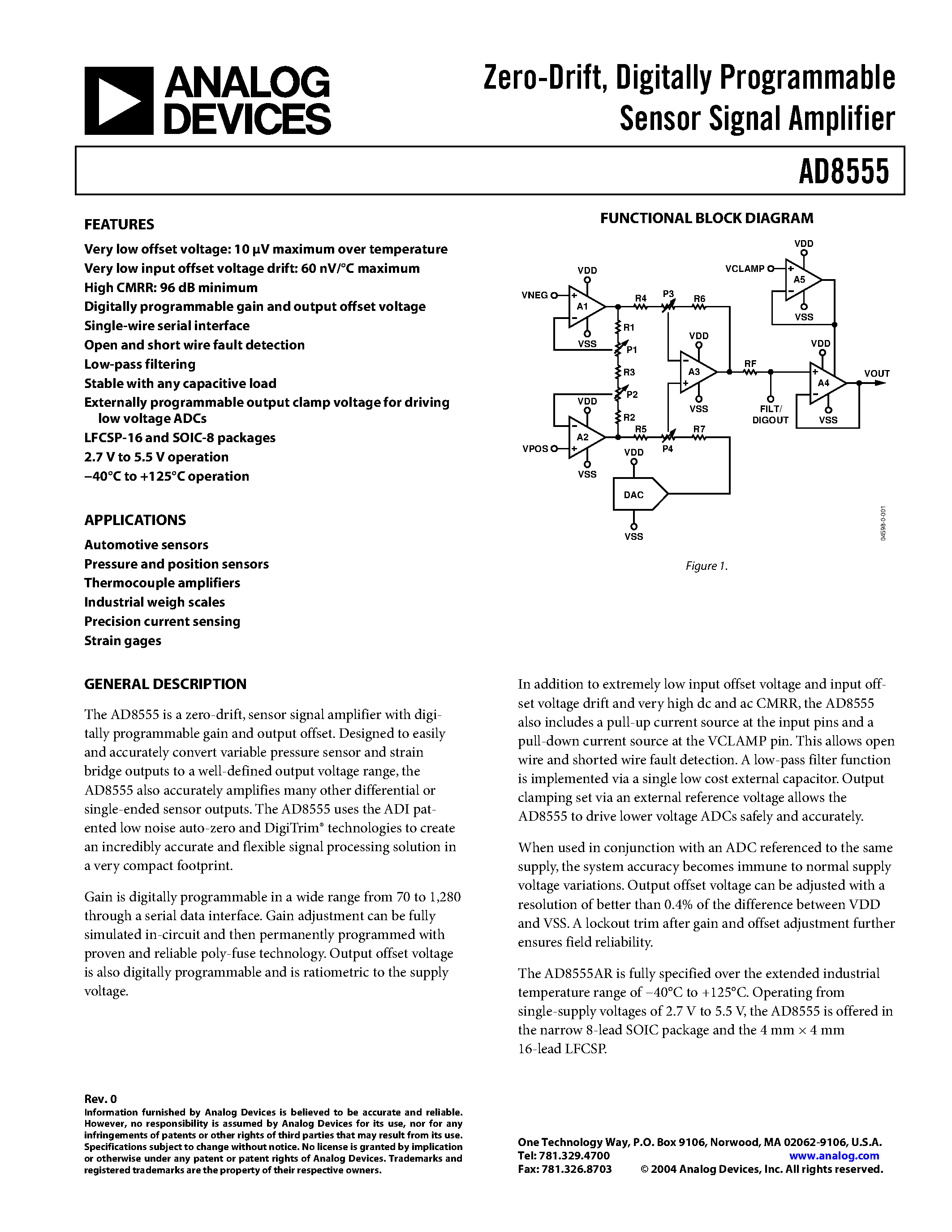 Datasheet AD8555AR-REEL7 - Zero-Drift/ Digitally Programmable Sensor Signal Amplifier page 1