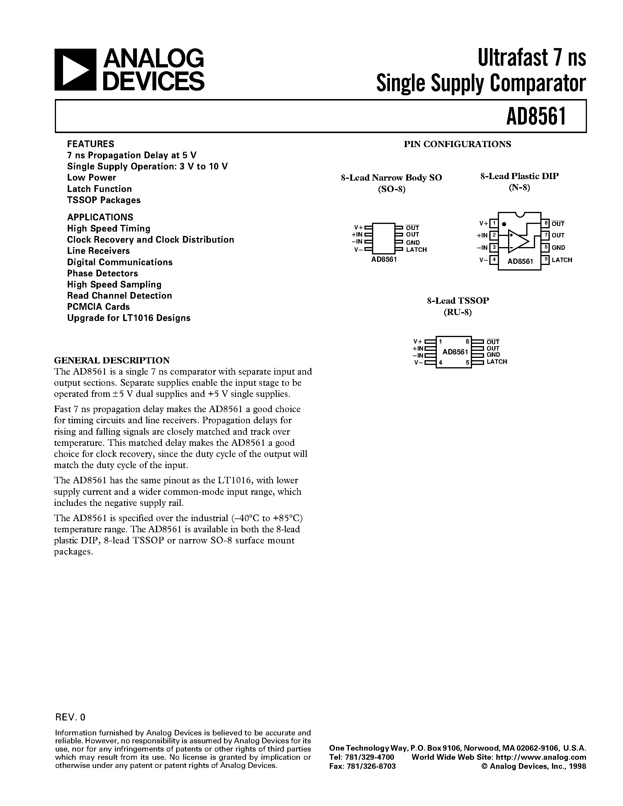 Datasheet AD8561AN page 1 Datasheet AD8561AN - Ultrafast 7 ns Single Supply Comparator page 1