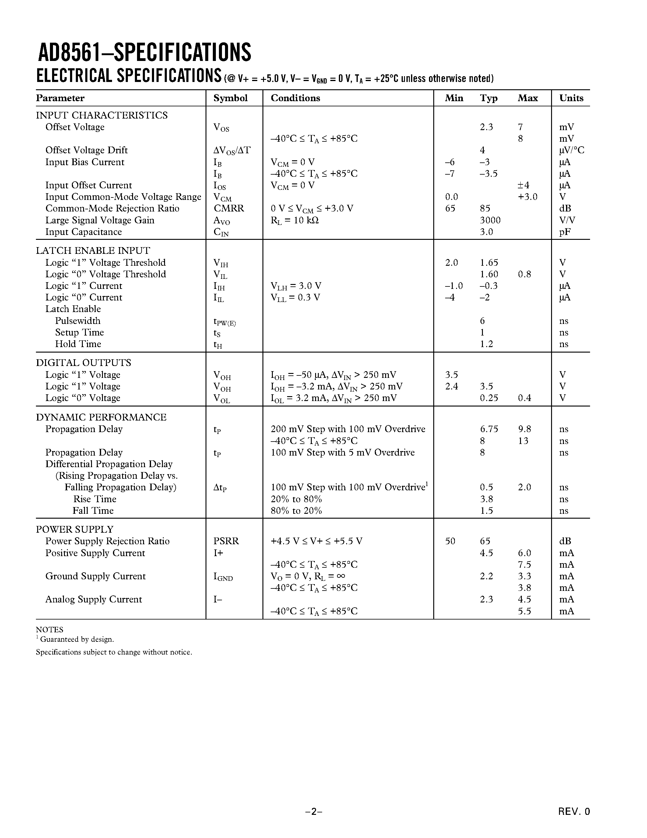 Datasheet AD8561AN page 2 Datasheet AD8561AN - Ultrafast 7 ns Single Supply Comparator page 2