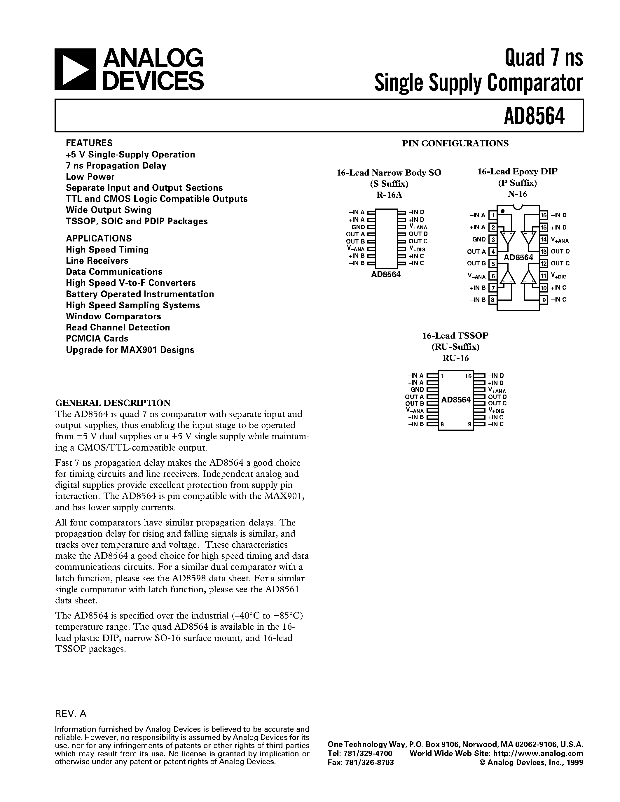 Datasheet AD8564 page 1 Datasheet AD8564 - Quad 7 ns Single Supply Comparator page 1