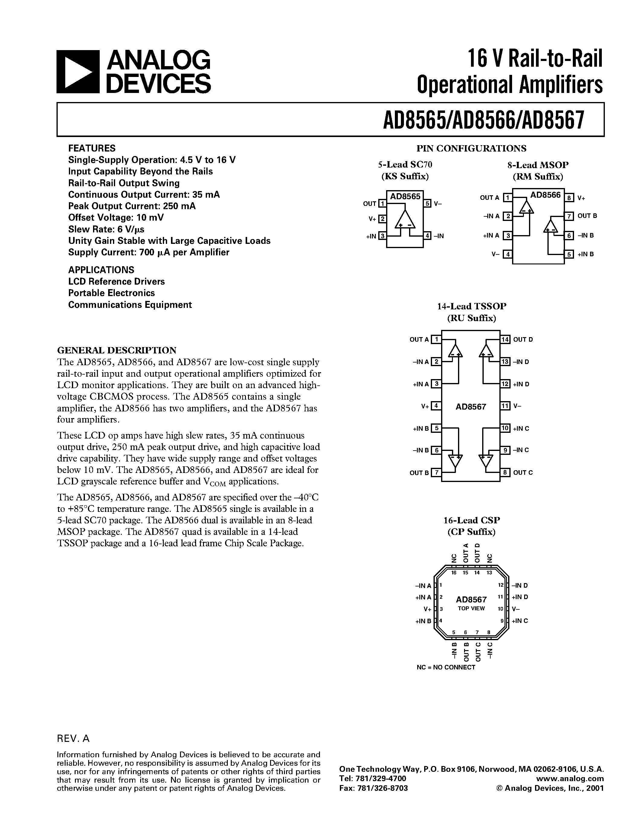 Datasheet AD8566 - 16 V Rail-to-Rail Operational Amplifiers page 1