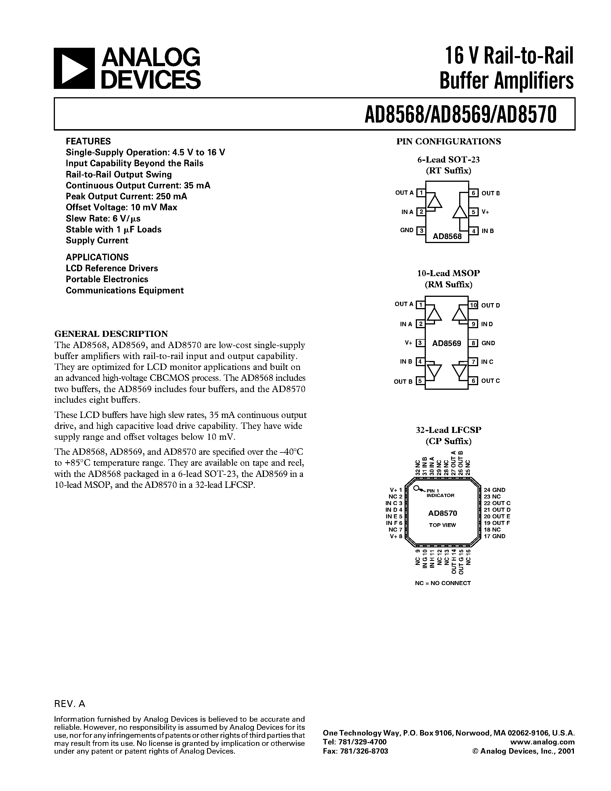 Datasheet AD8568ART page 1 Datasheet AD8568ART - 16 V Rail-to-Rail Buffer Amplifiers page 1