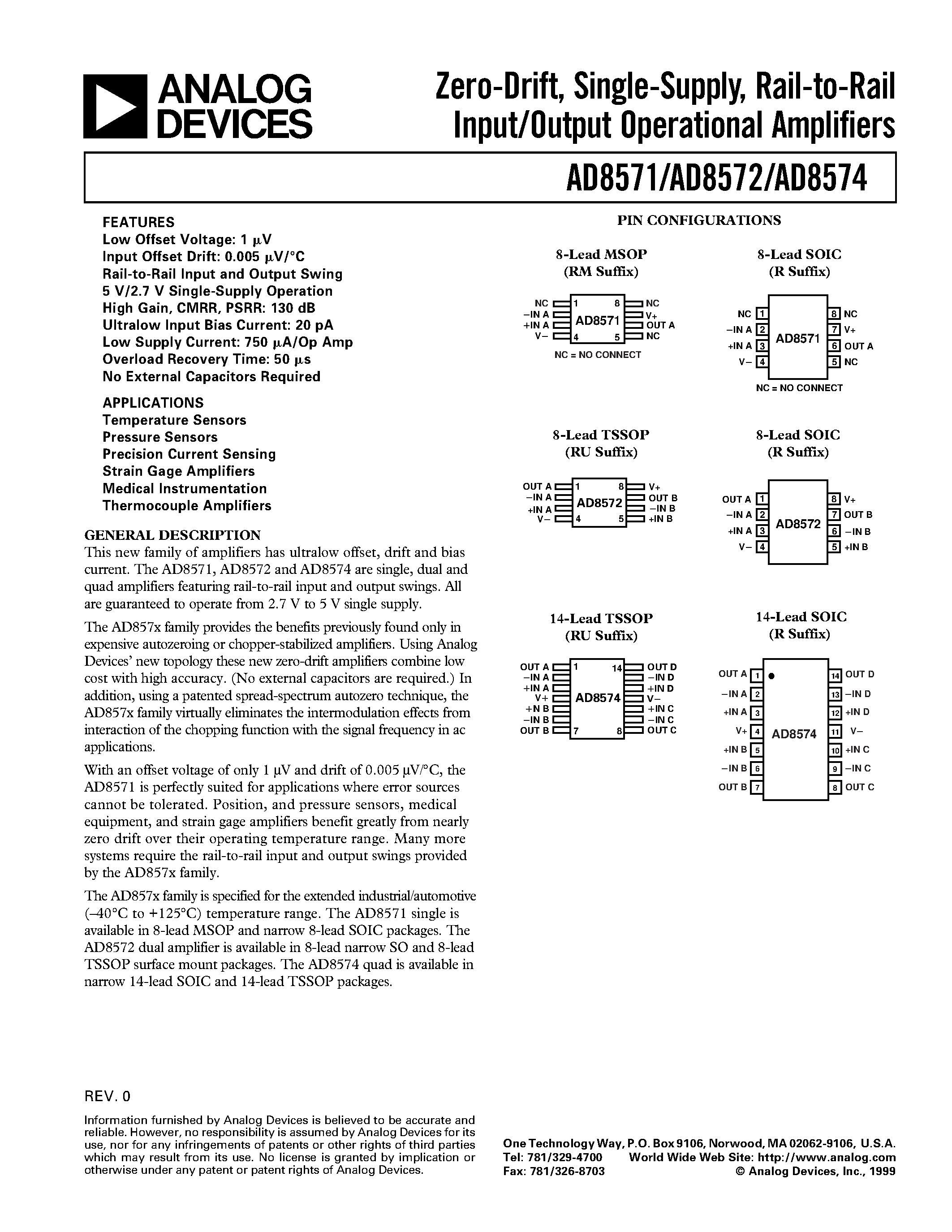 Datasheet AD8571ARM - Zero-Drift/ Single-Supply/ Rail-to-Rail Input/Output Operational Amplifiers page 1