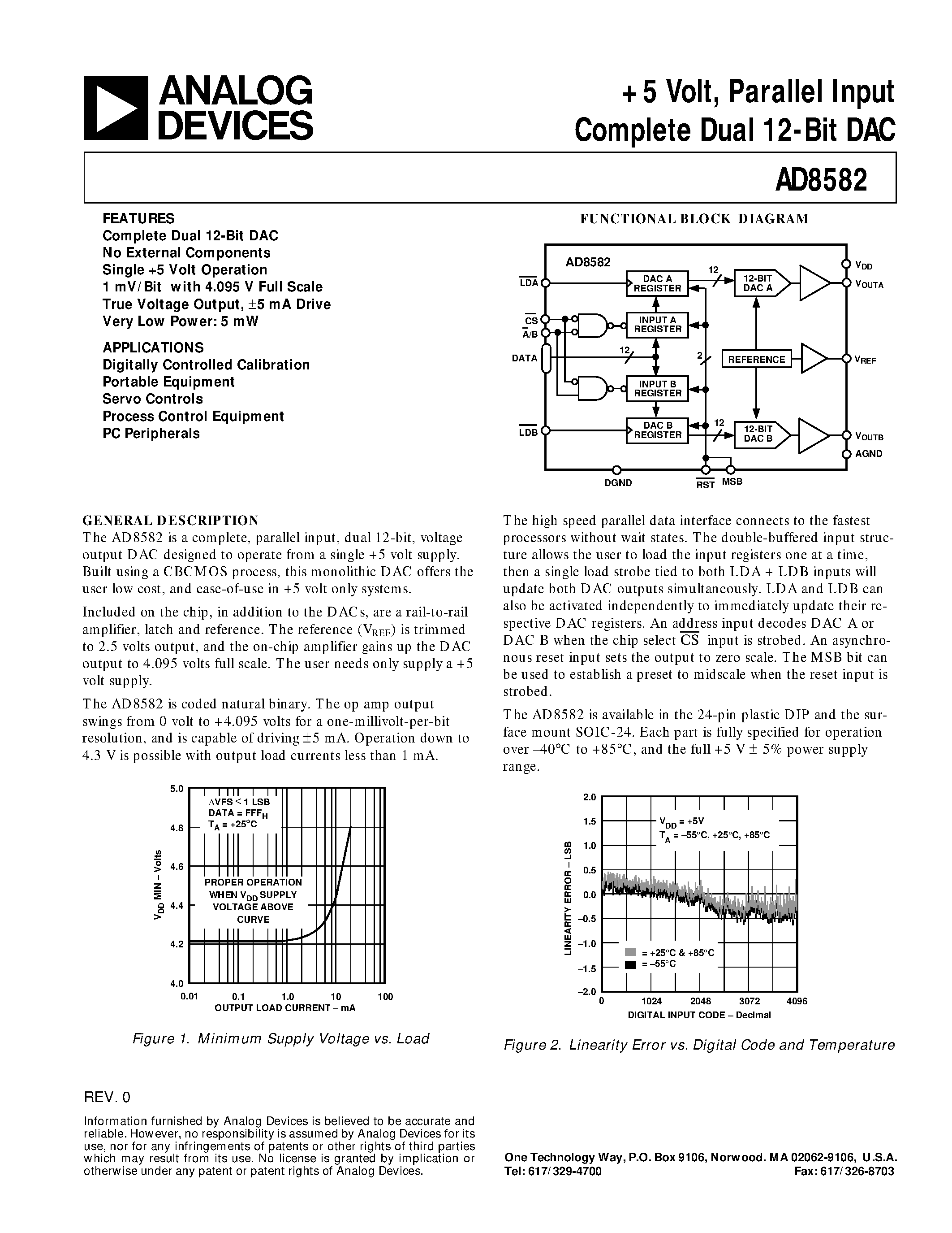 Datasheet AD8582AN page 1 Datasheet AD8582AN - +5 Volt/ Parallel Input Complete Dual 12-Bit DAC page 1