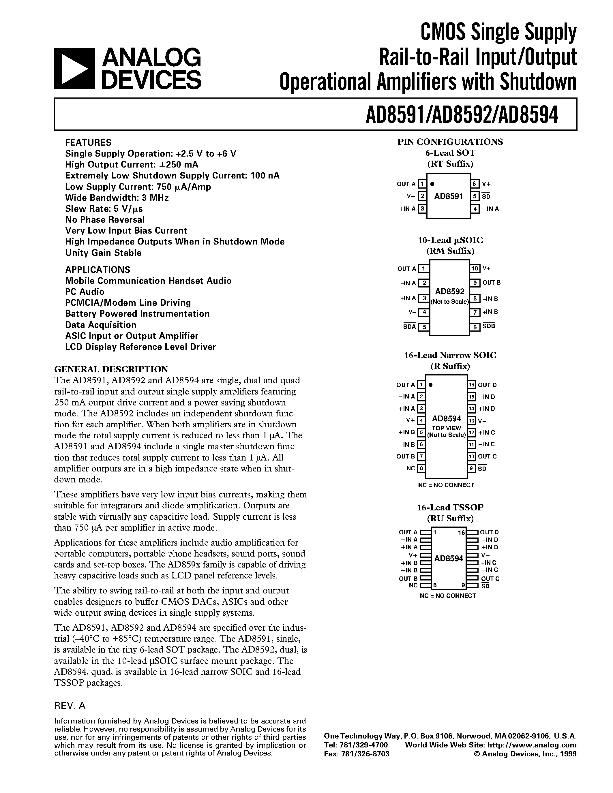 Datasheet AD8594AR page 1 Datasheet AD8594AR - CMOS Single Supply Rail-to-Rail Input/Output Operational Amplifiers with Shutdown page 1