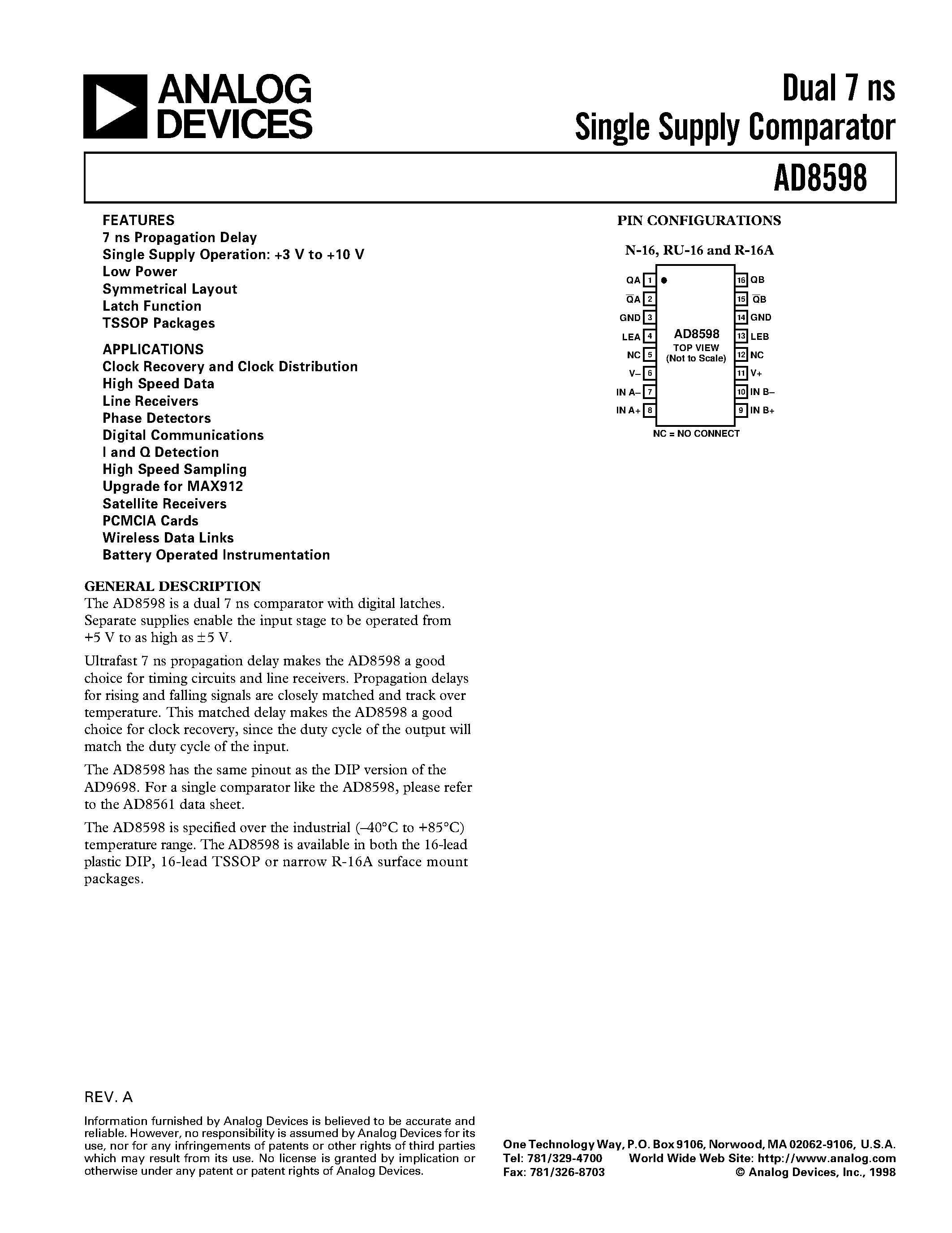 Datasheet AD8598AR - Dual 7 ns Single Supply Comparator page 1
