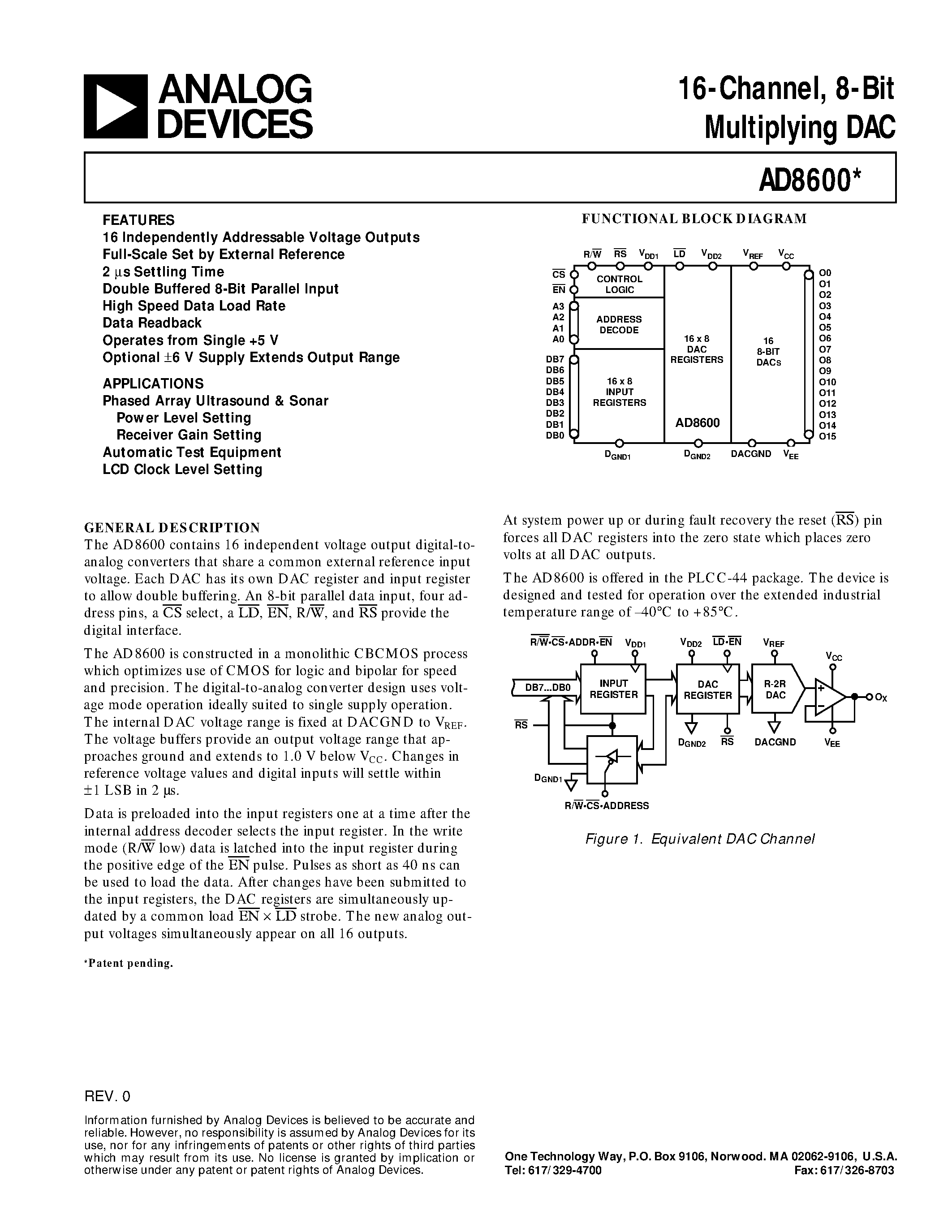Datasheet AD8600 page 1 Datasheet AD8600 - 16-Channel/ 8-Bit Multiplying DAC page 1