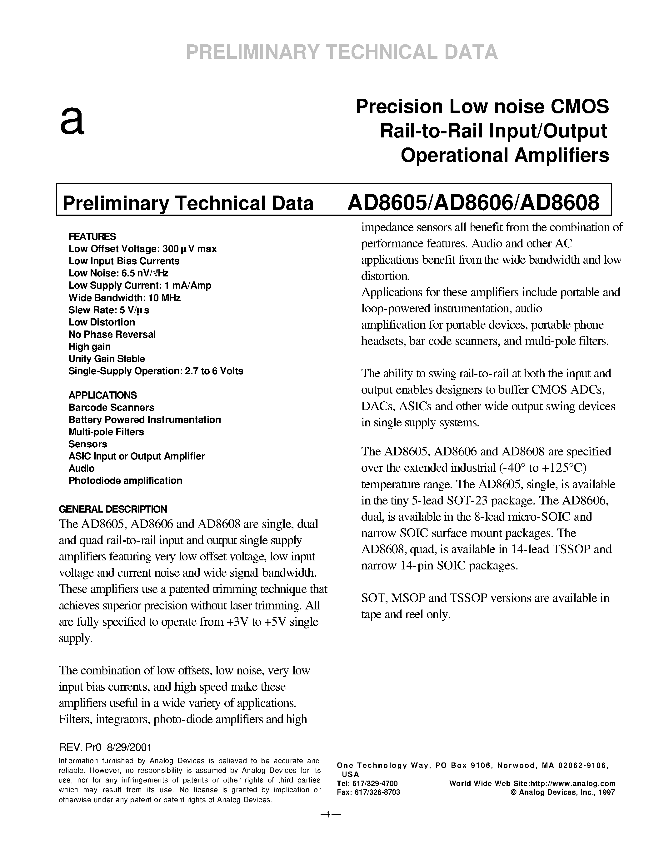 Datasheet AD8606ARM - Precision Low noise CMOS Rail-to-Rail Input/Output Operational Amplifiers page 1