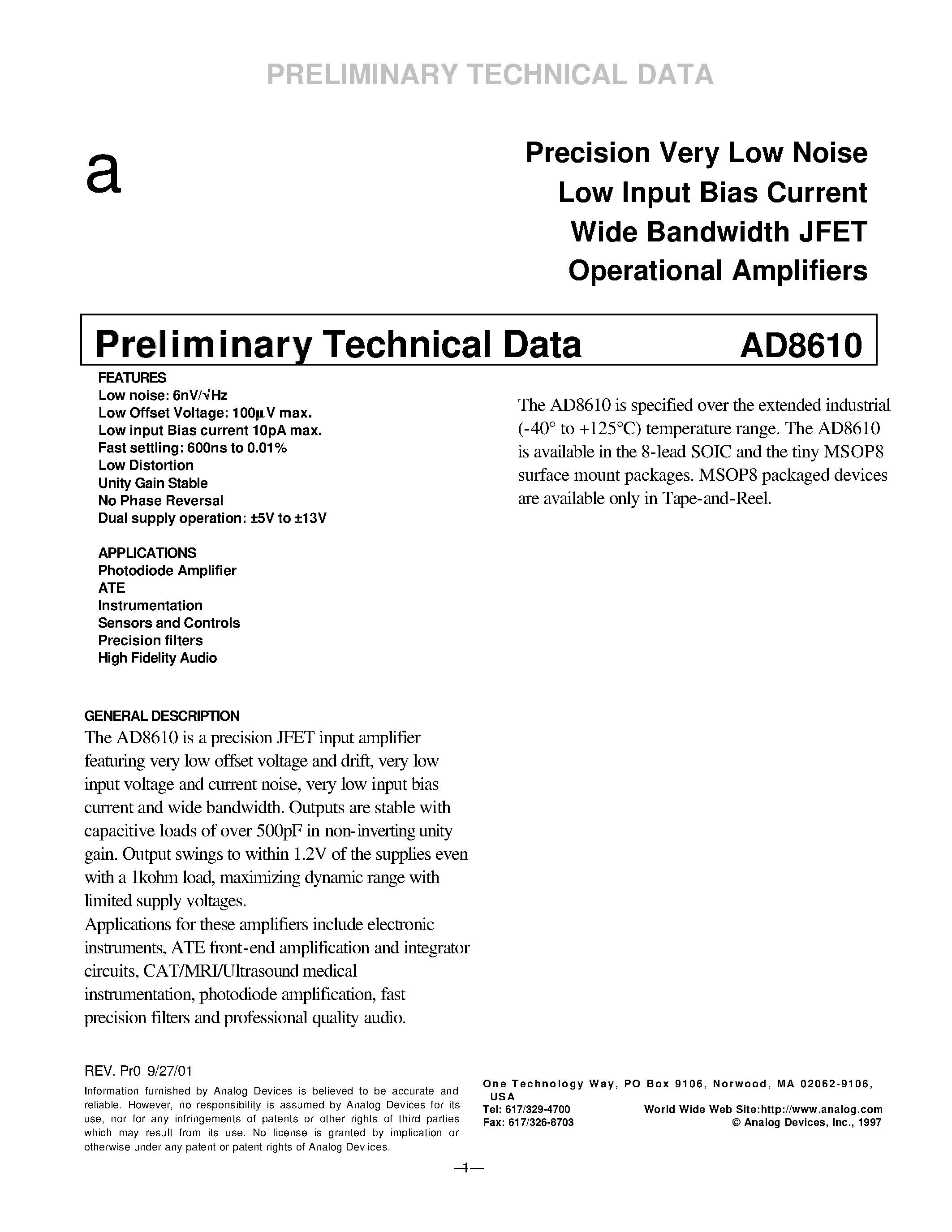 Datasheet AD8610AR - Precision Very Low Noise Low Input Bias Current Wide Bandwidth JFET Operational Amplifiers page 1