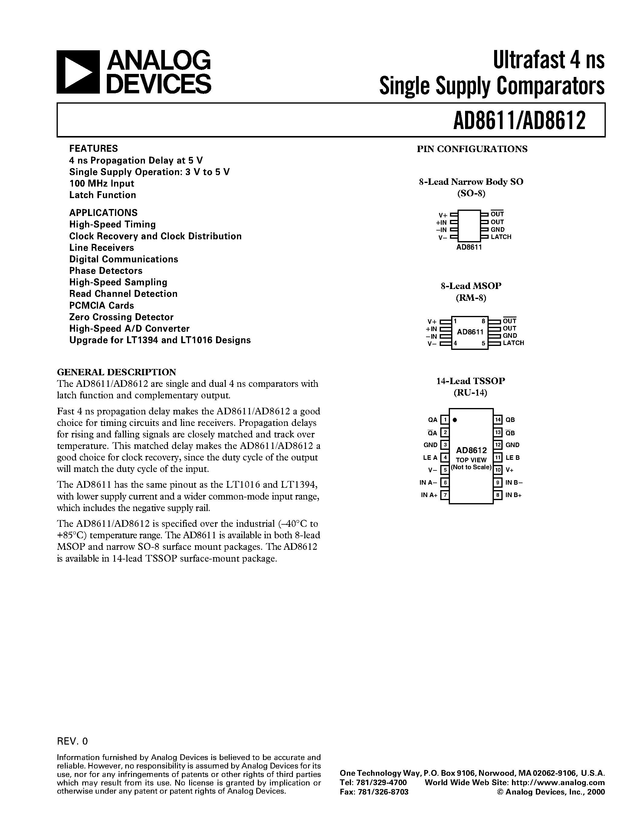 Datasheet AD8611ARM - Ultrafast 4 ns Single Supply Comparators page 1