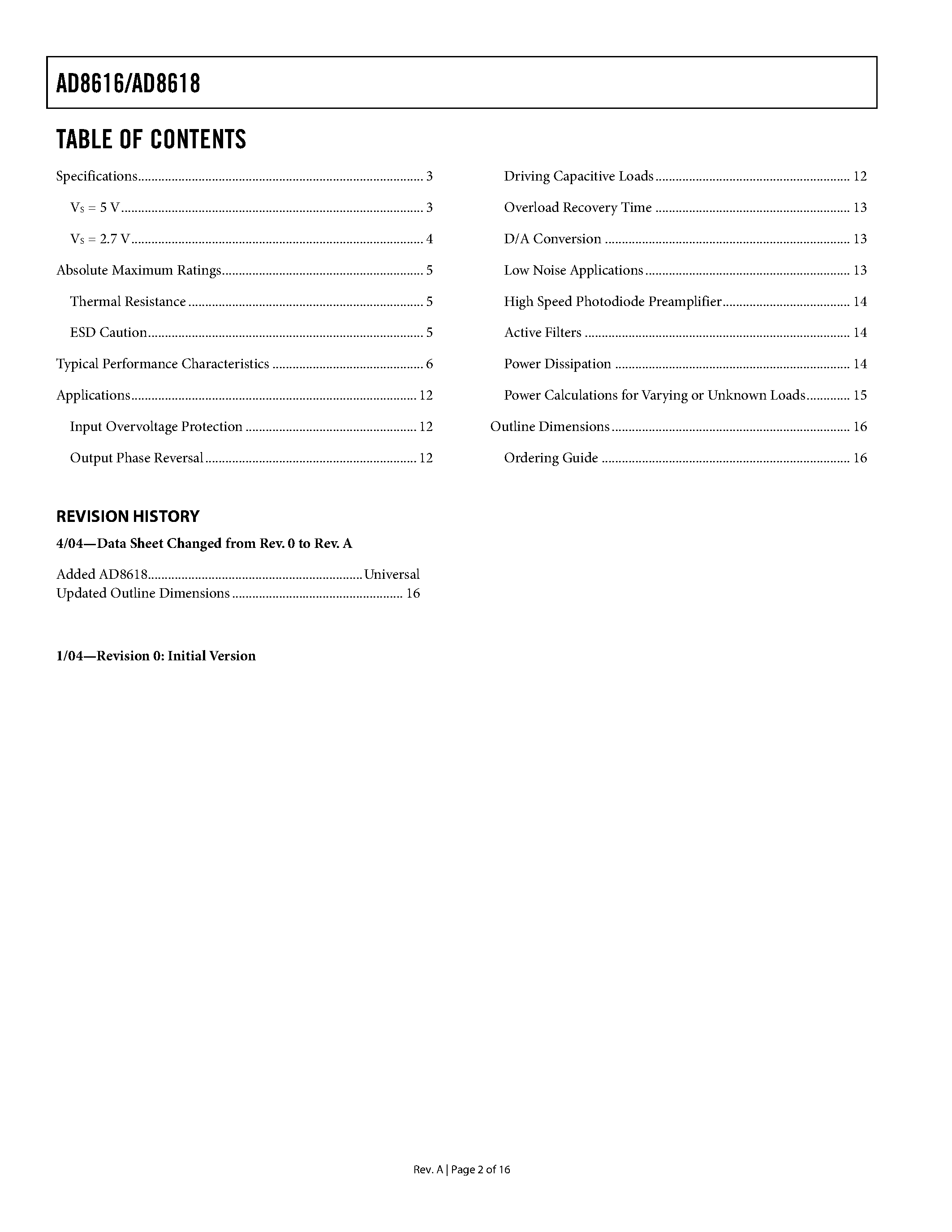 Datasheet AD8616AR - Precision 20 MHz CMOS Rail-to-Rail Input/Output Operational Amplifiers page 2
