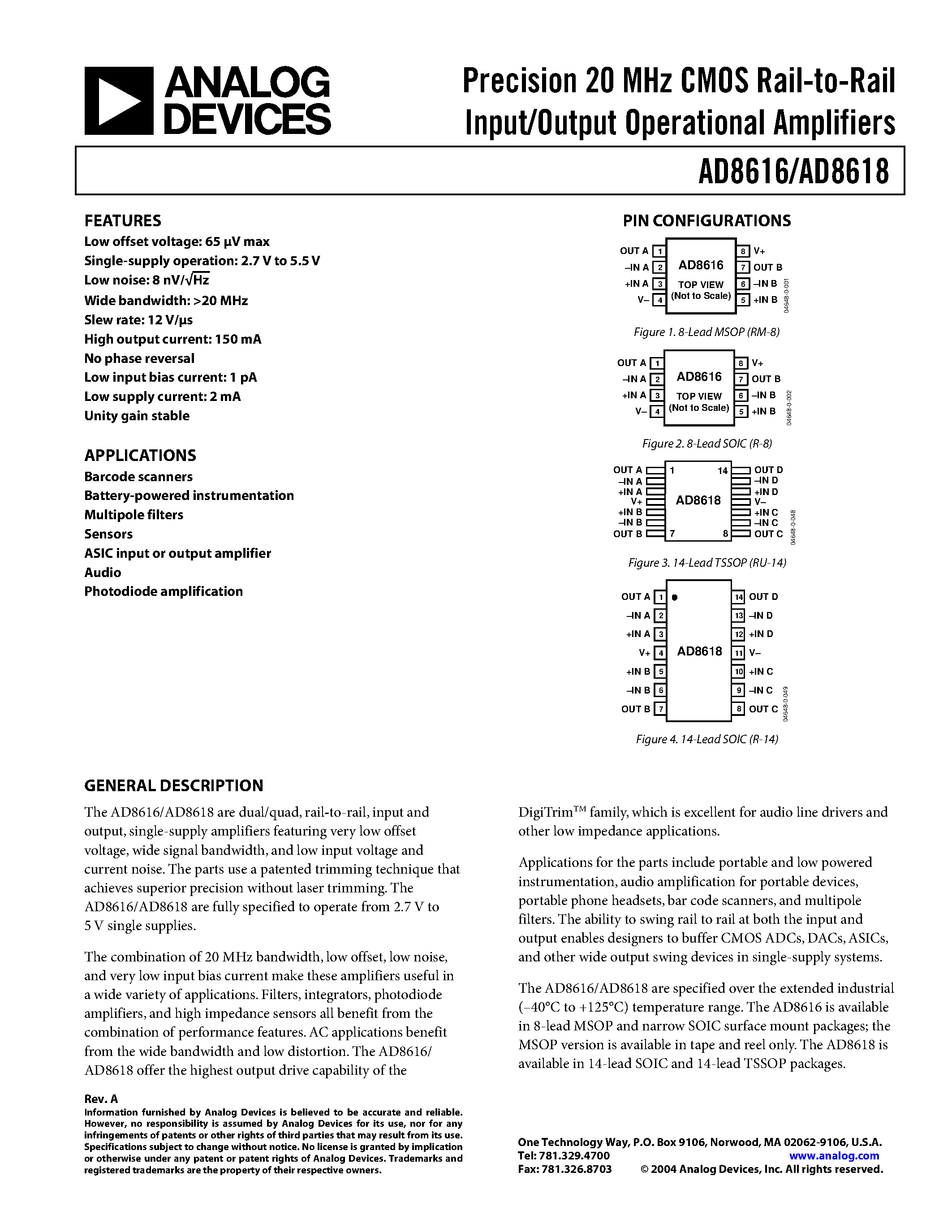 Datasheet AD8616ARM - Precision 20 MHz CMOS Rail-to-Rail Input/Output Operational Amplifiers page 1
