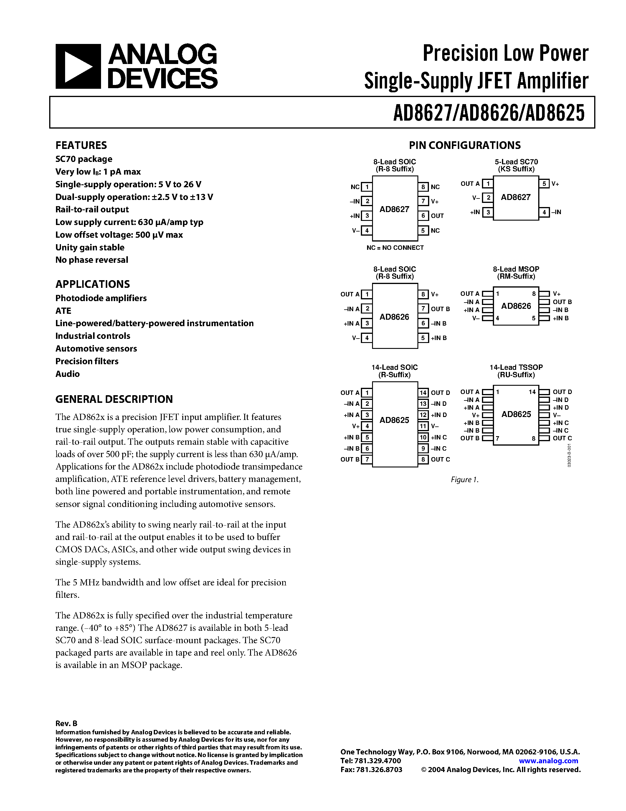 Datasheet AD8627AKS-R2 - Precision Low Power Single-Supply JFET Amplifier page 1