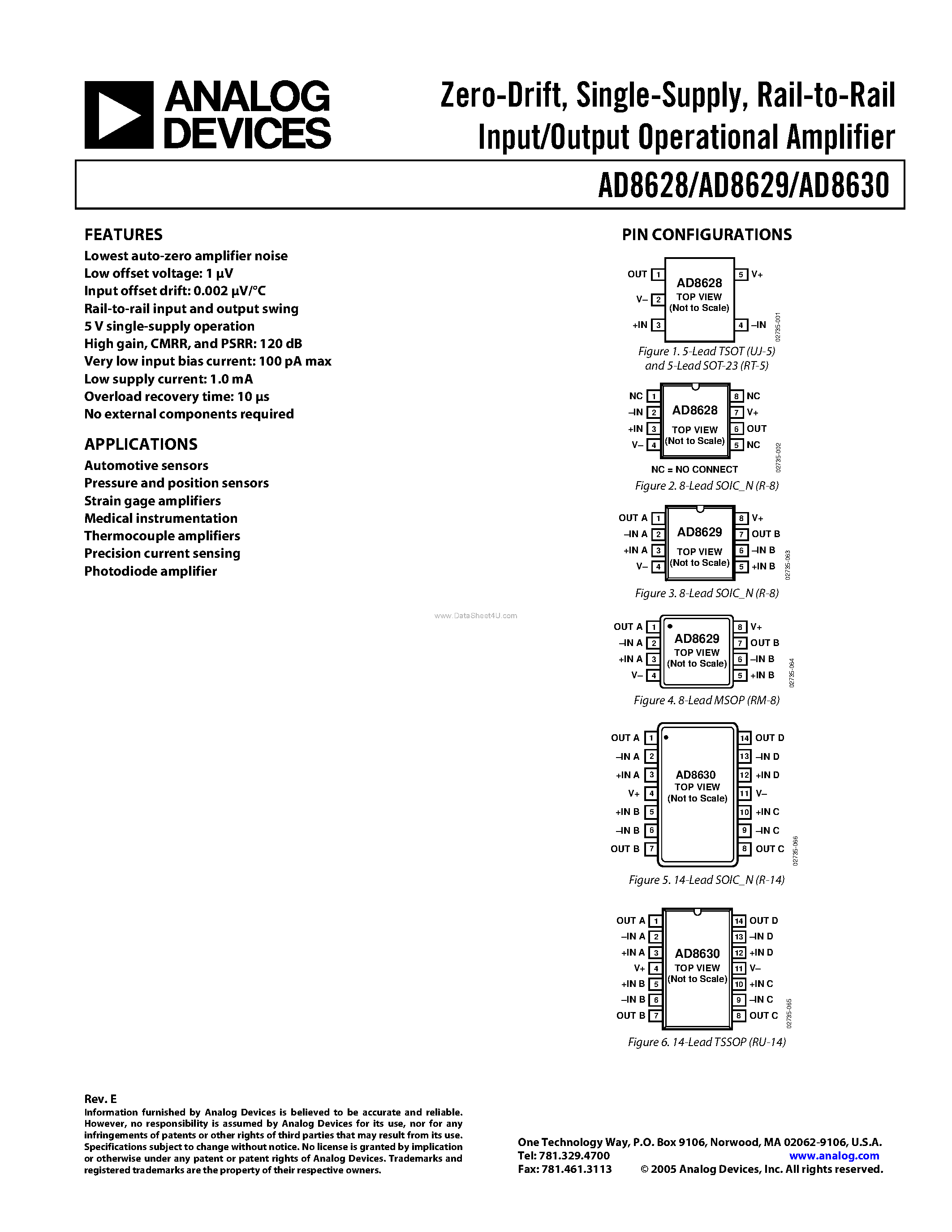 Datasheet AD8628 - Zero-Drift/ Single-Supply/ Rail-to-Rail Input/Output Low Noise Operational Amplifier page 1