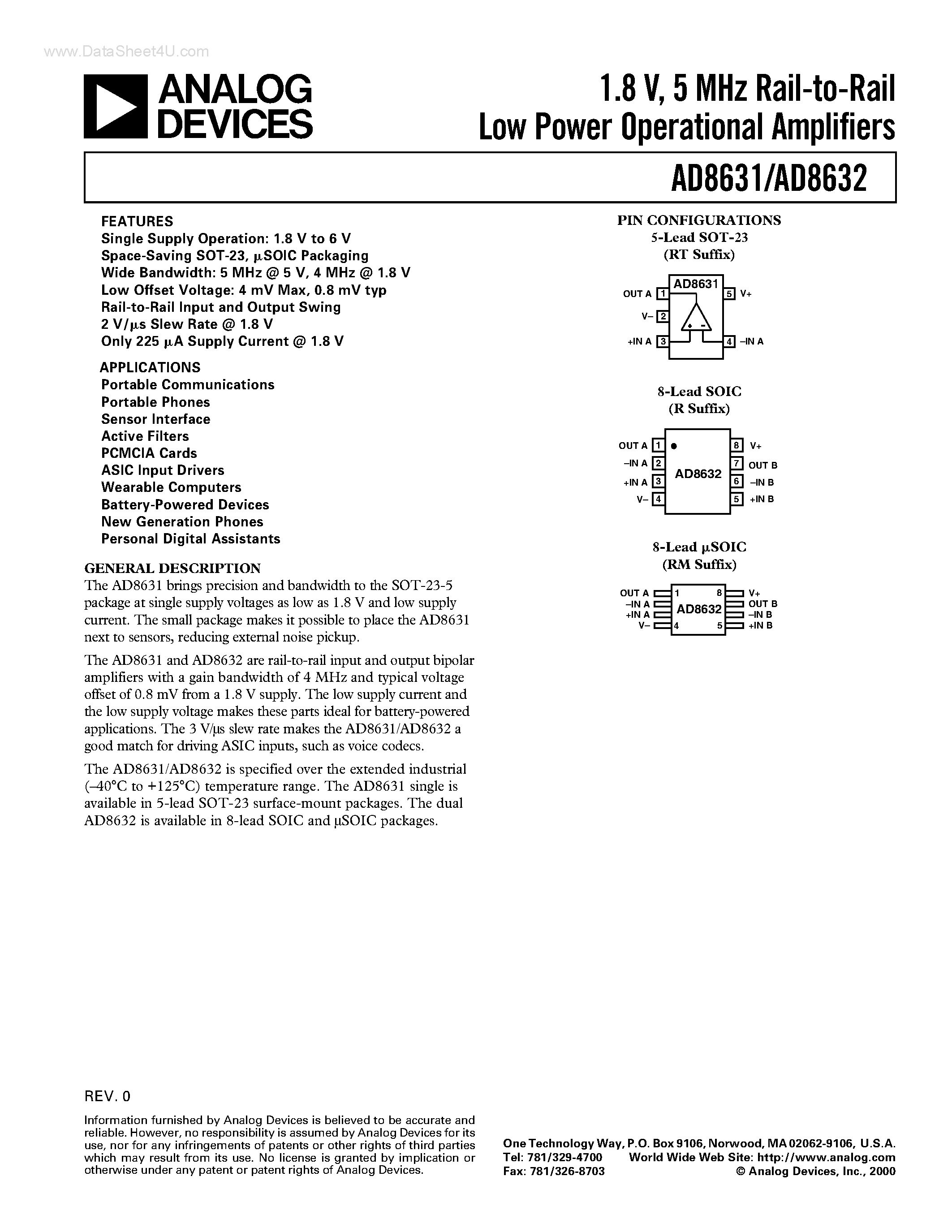 Datasheet AD8632AR - 1.8 V/ 5 MHz Rail-to-Rail Low Power Operational Amplifiers page 1