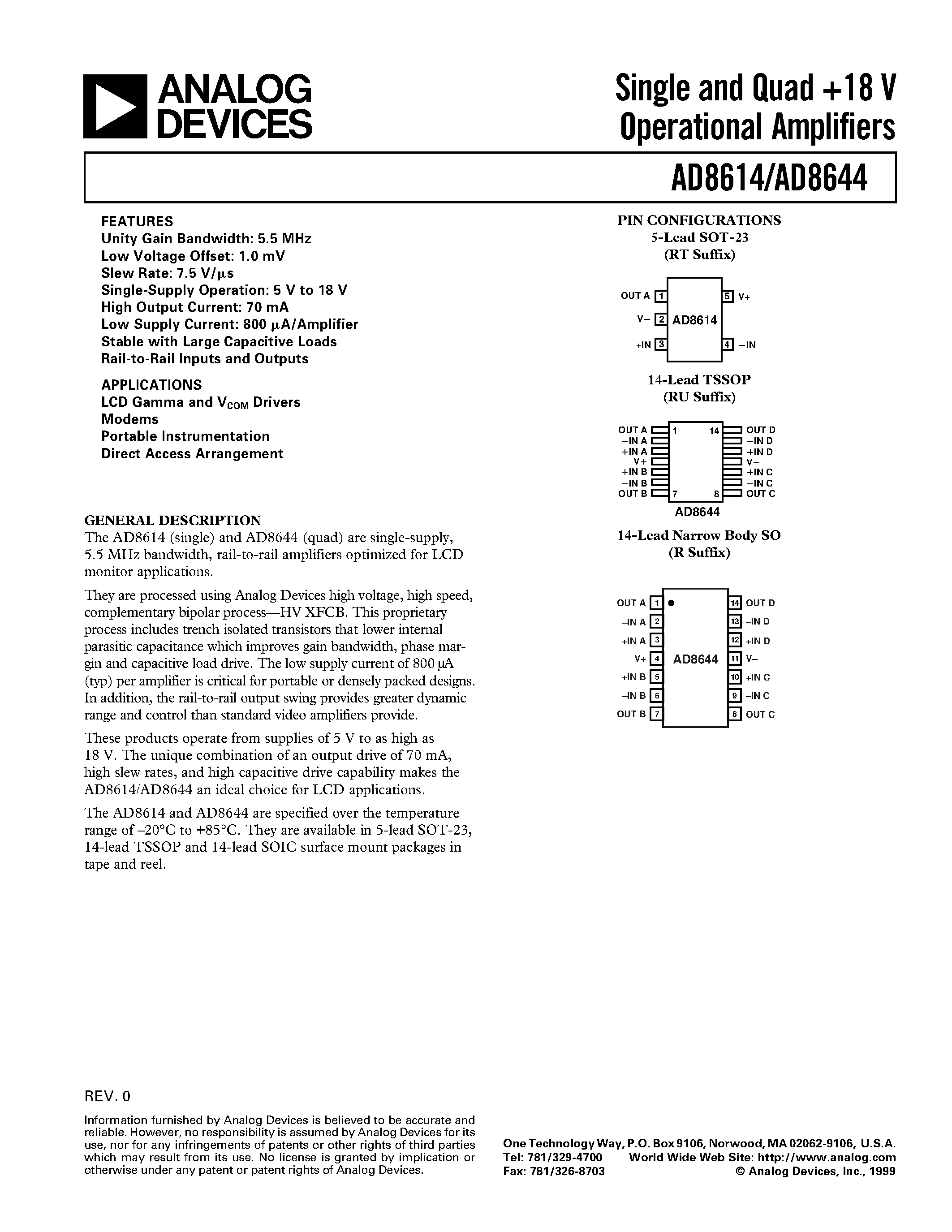 Datasheet AD8644AR2 - Single and Quad +18 V Operational Amplifiers page 1