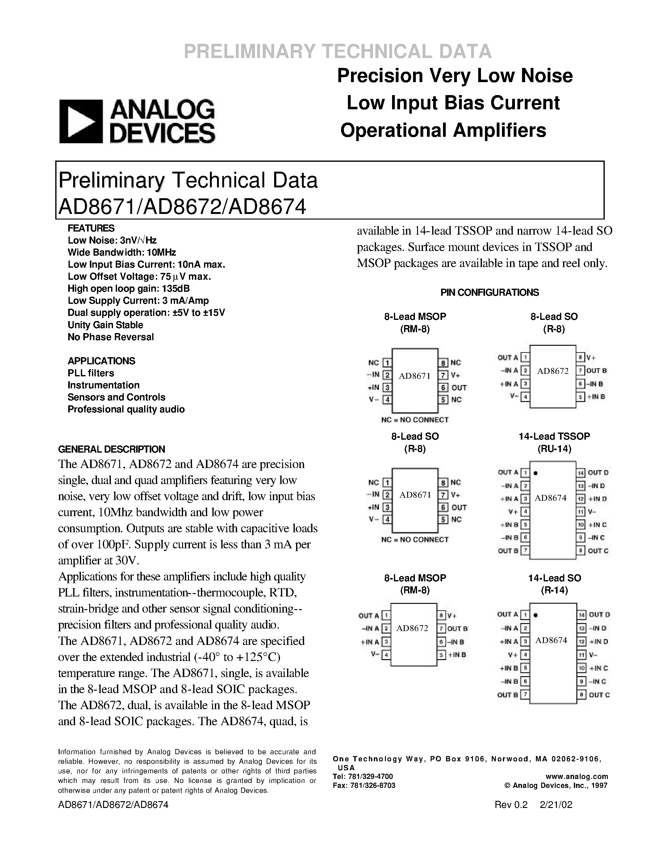 Даташит AD8672AR - Precision Very Low Noise Low Input Bias Current Operational Amplifiers страница 1