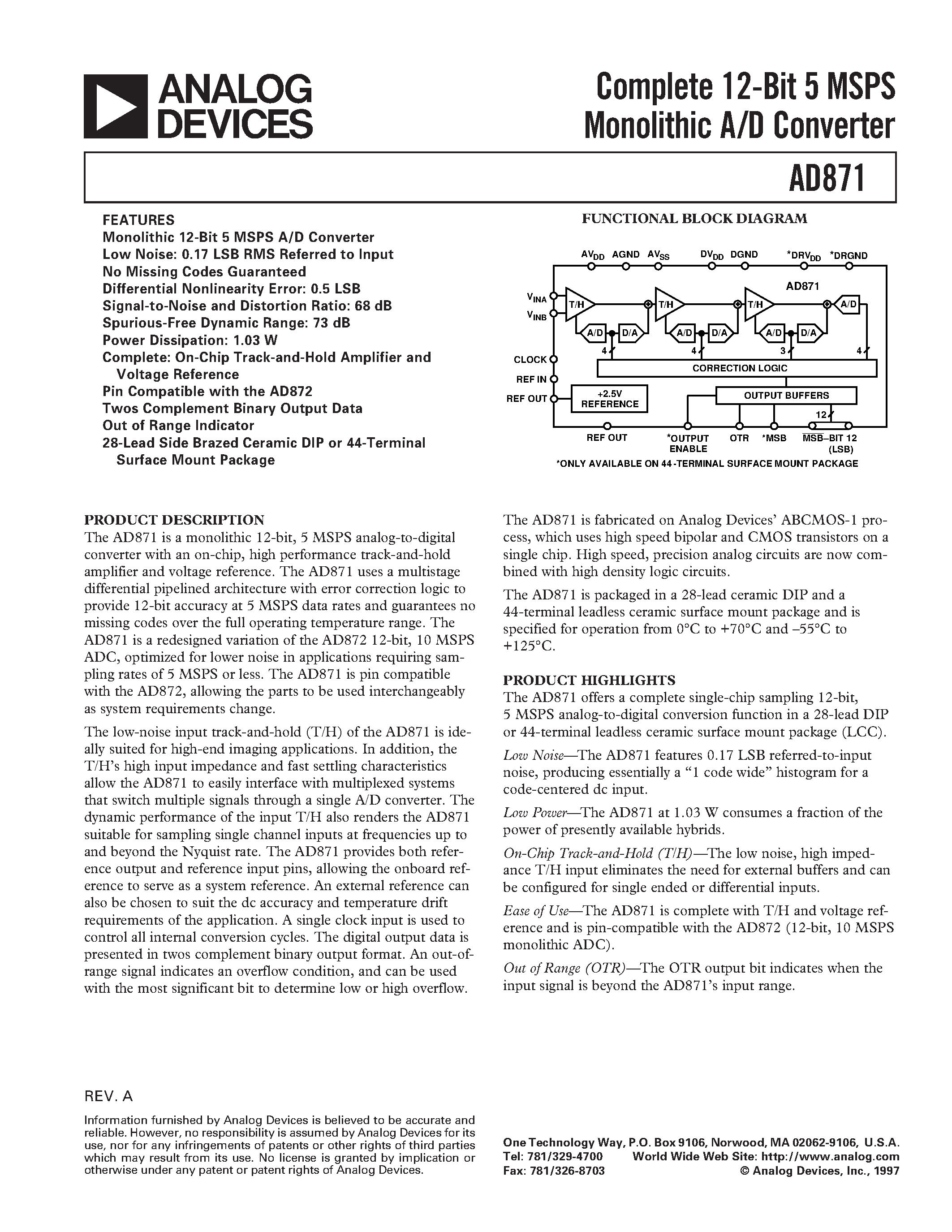 Даташит на микросхему AD871SD страница 1 Даташит AD871SD - Complete 12-Bit 5 MSPS Monolithic A/D Converter страница 1