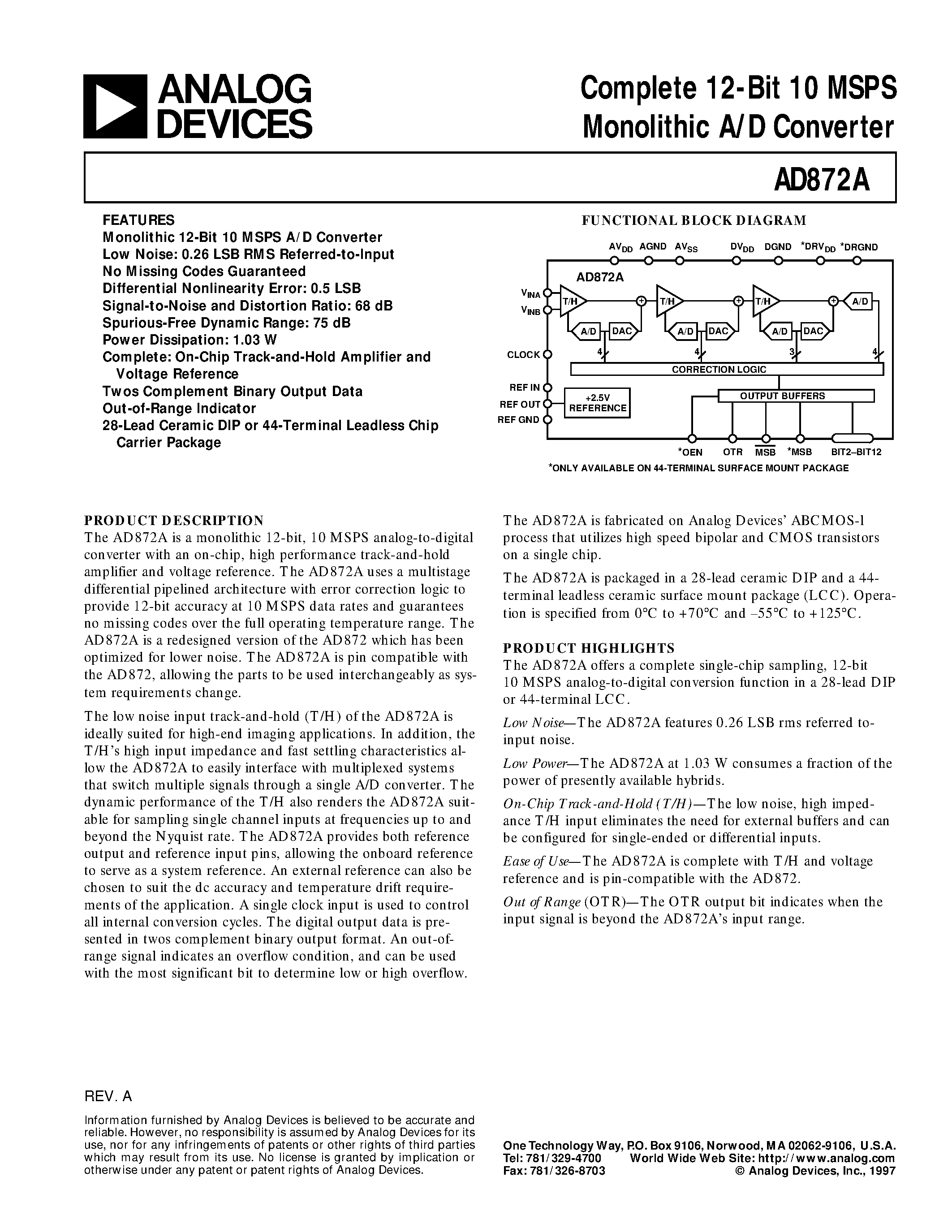 Даташит на микросхему AD872AJD страница 1 Даташит AD872AJD - Complete 12-Bit 10 MSPS Monolithic A/D Converter страница 1